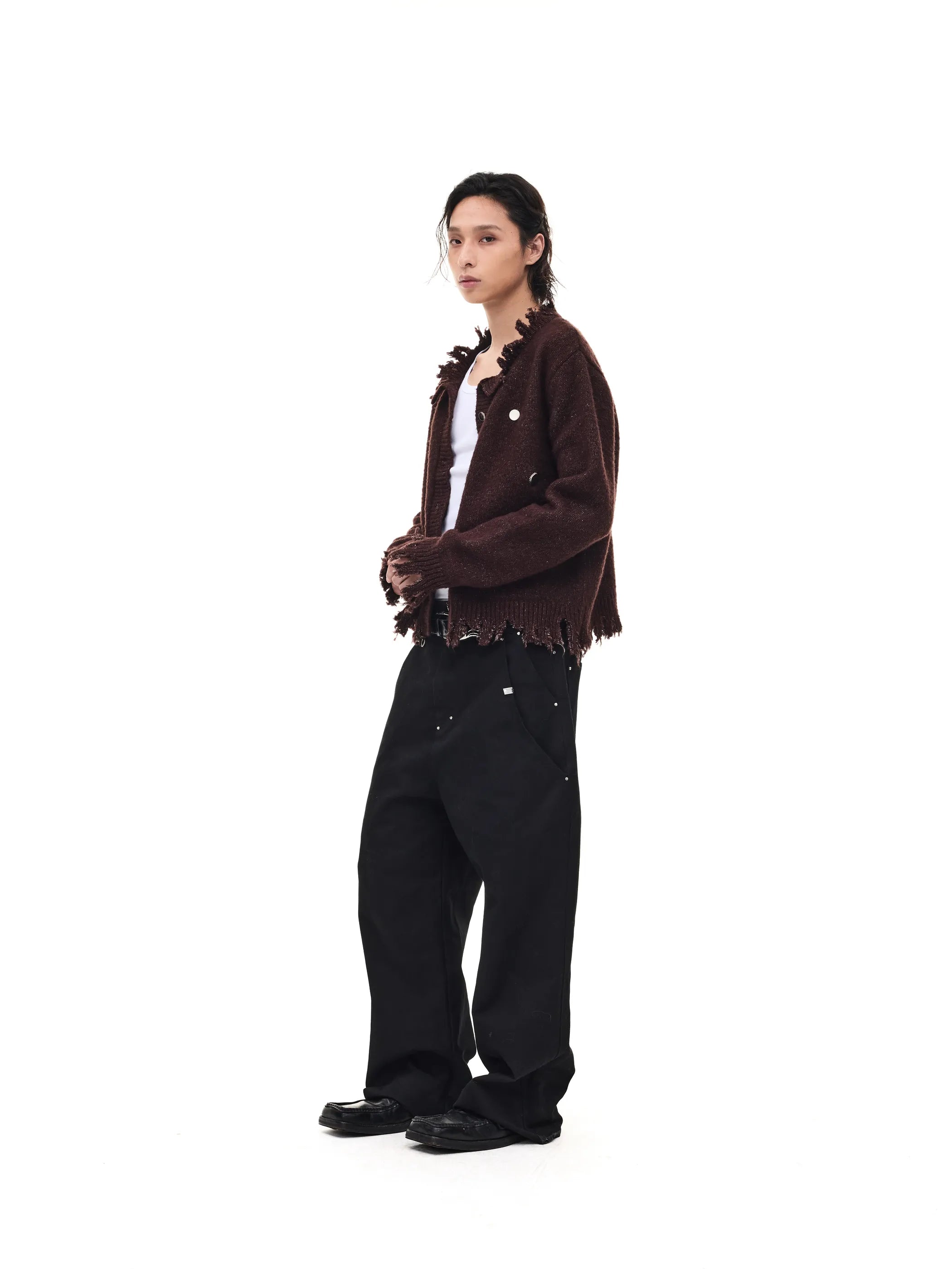 Fringed distressed badge-knit heavy sweater