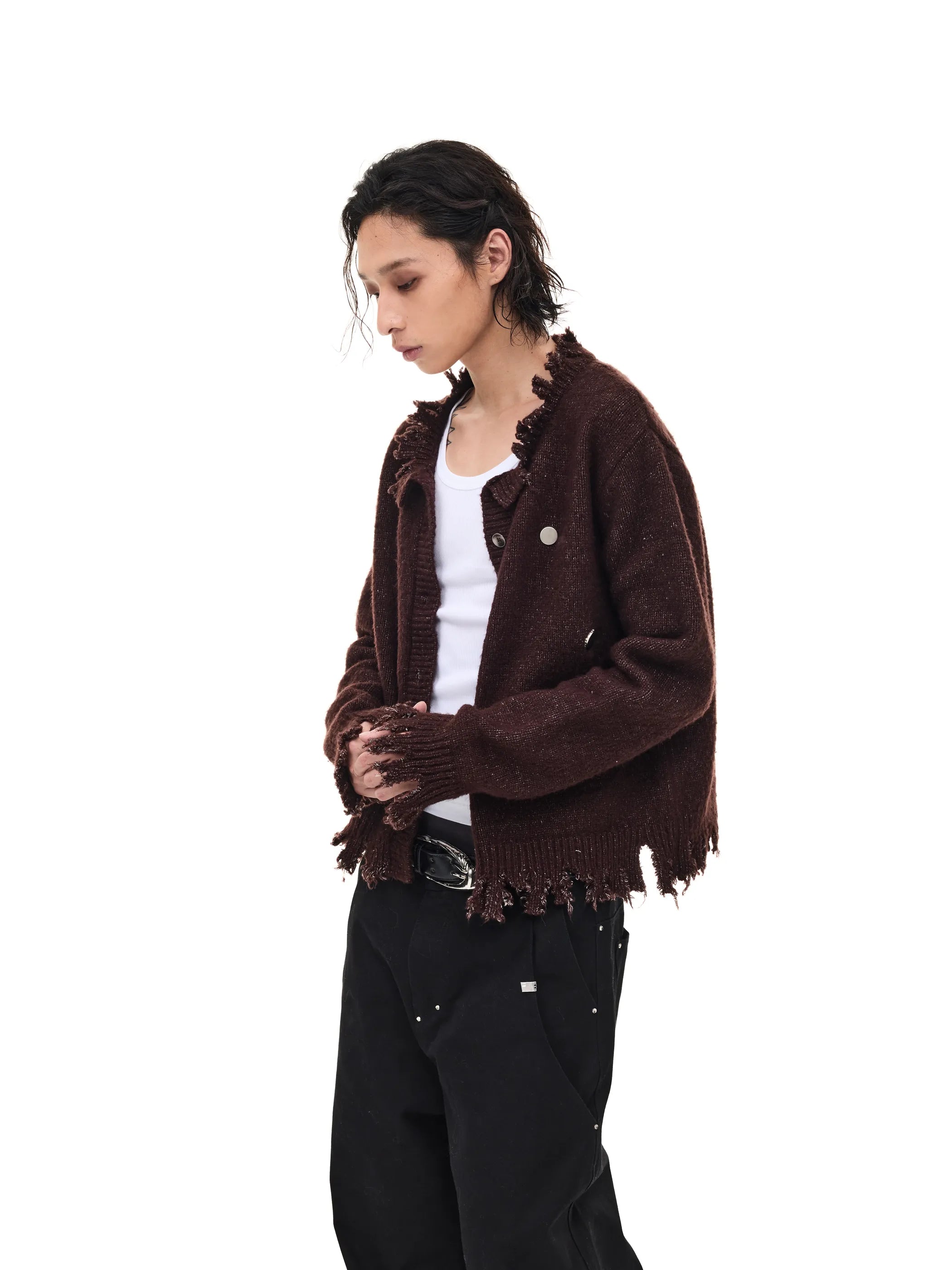 Fringed distressed badge-knit heavy sweater