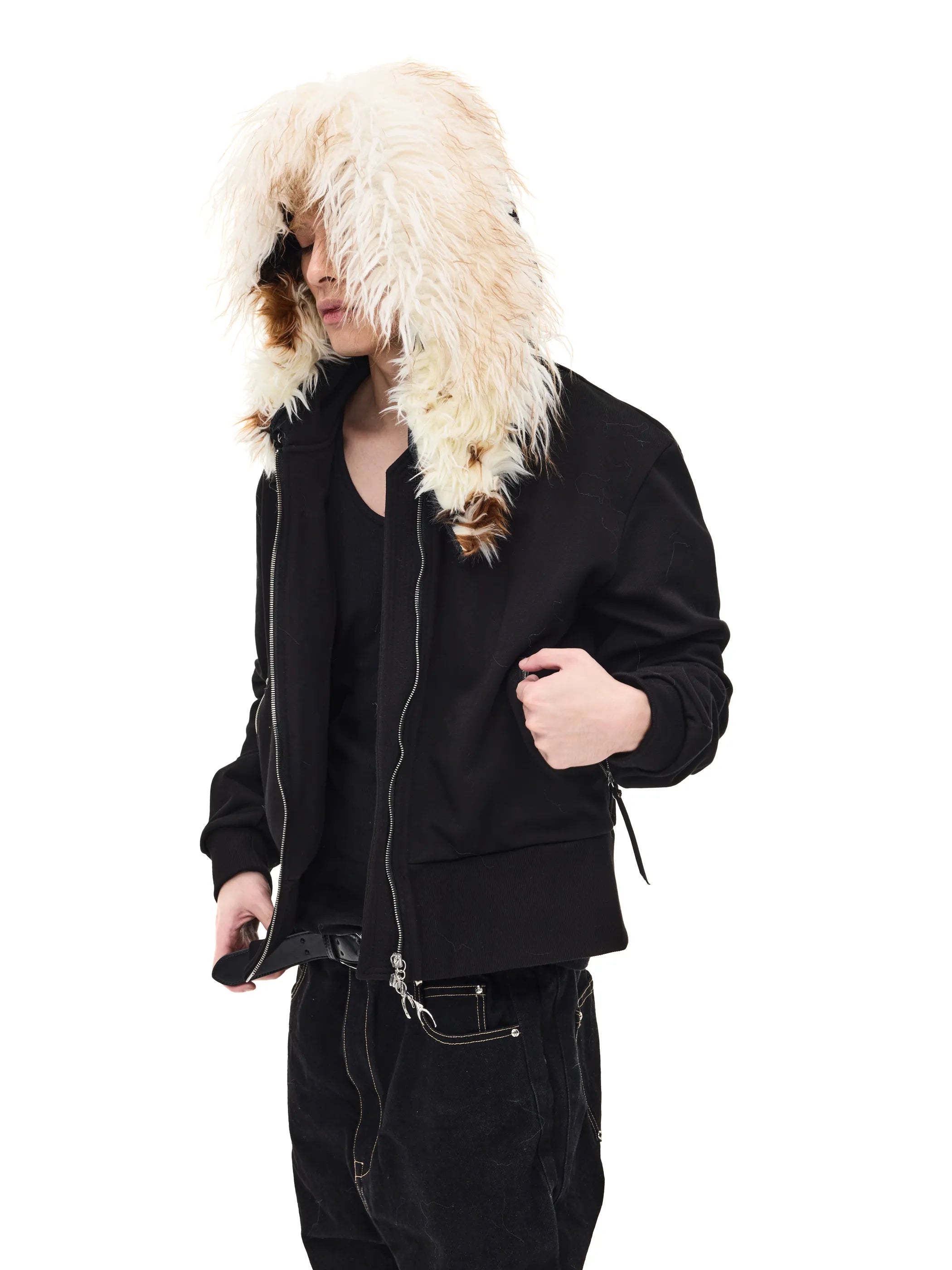 Fur-trimmed slim-fit hooded sweatshirt
