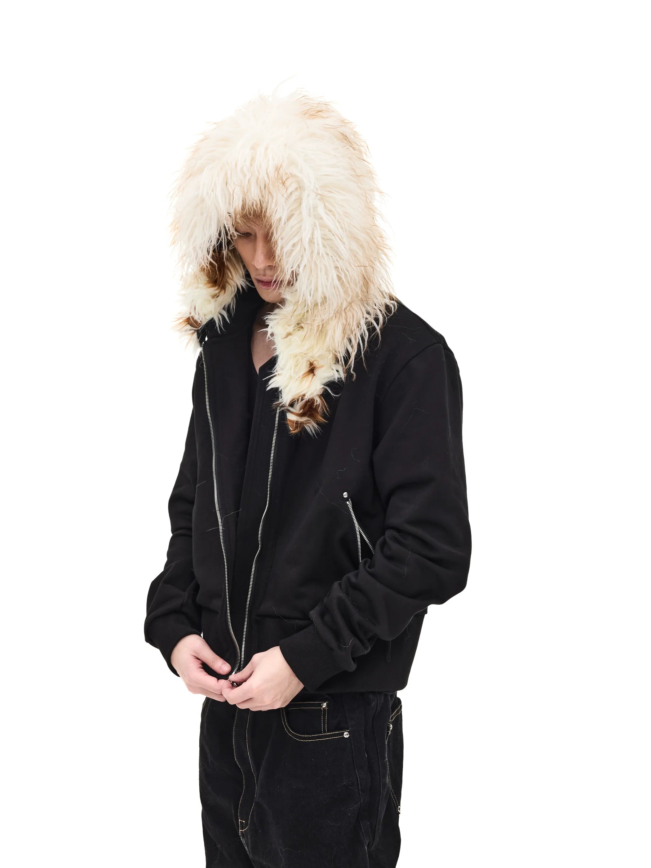 Fur-trimmed slim-fit hooded sweatshirt