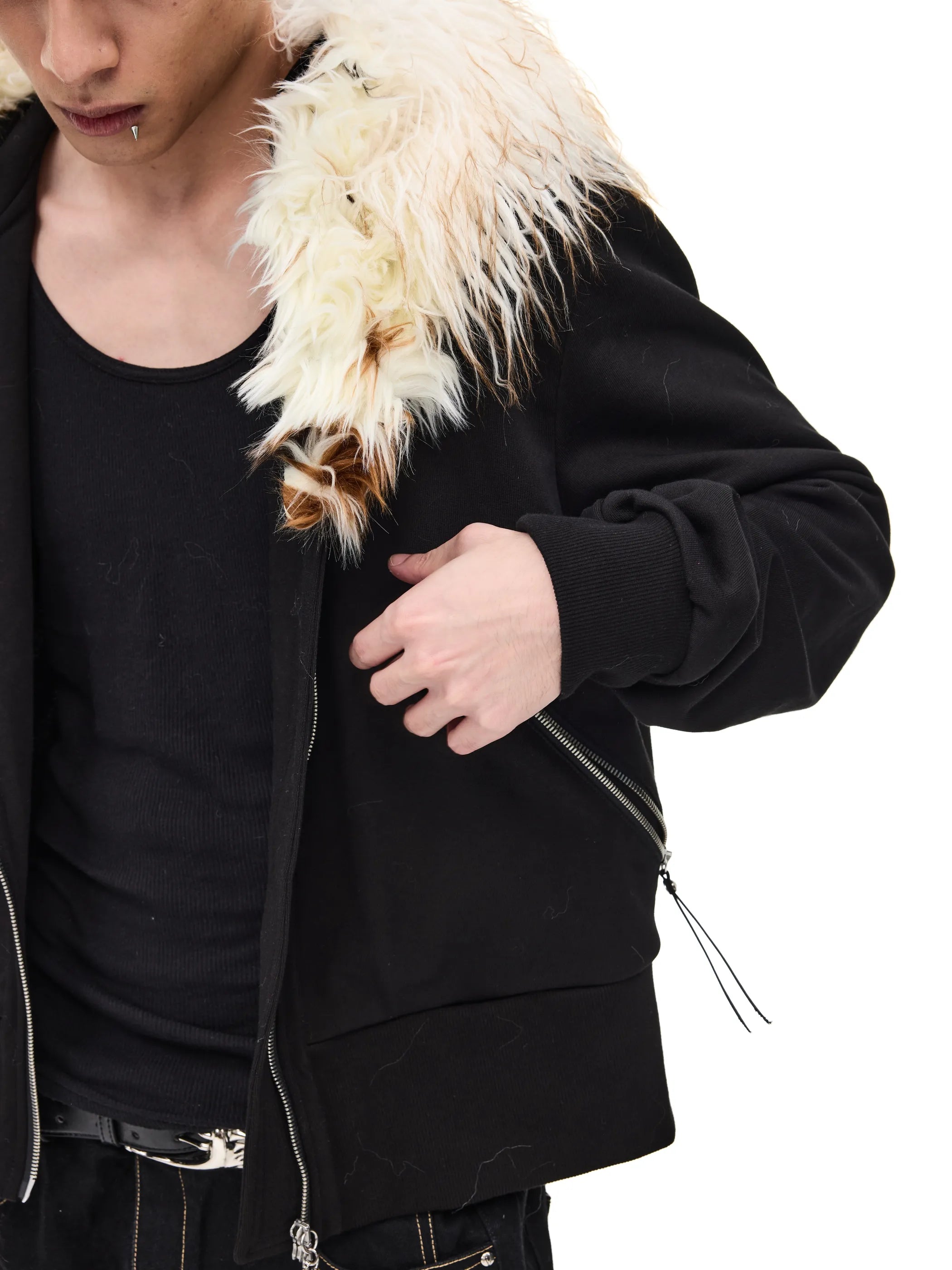 Fur-trimmed slim-fit hooded sweatshirt