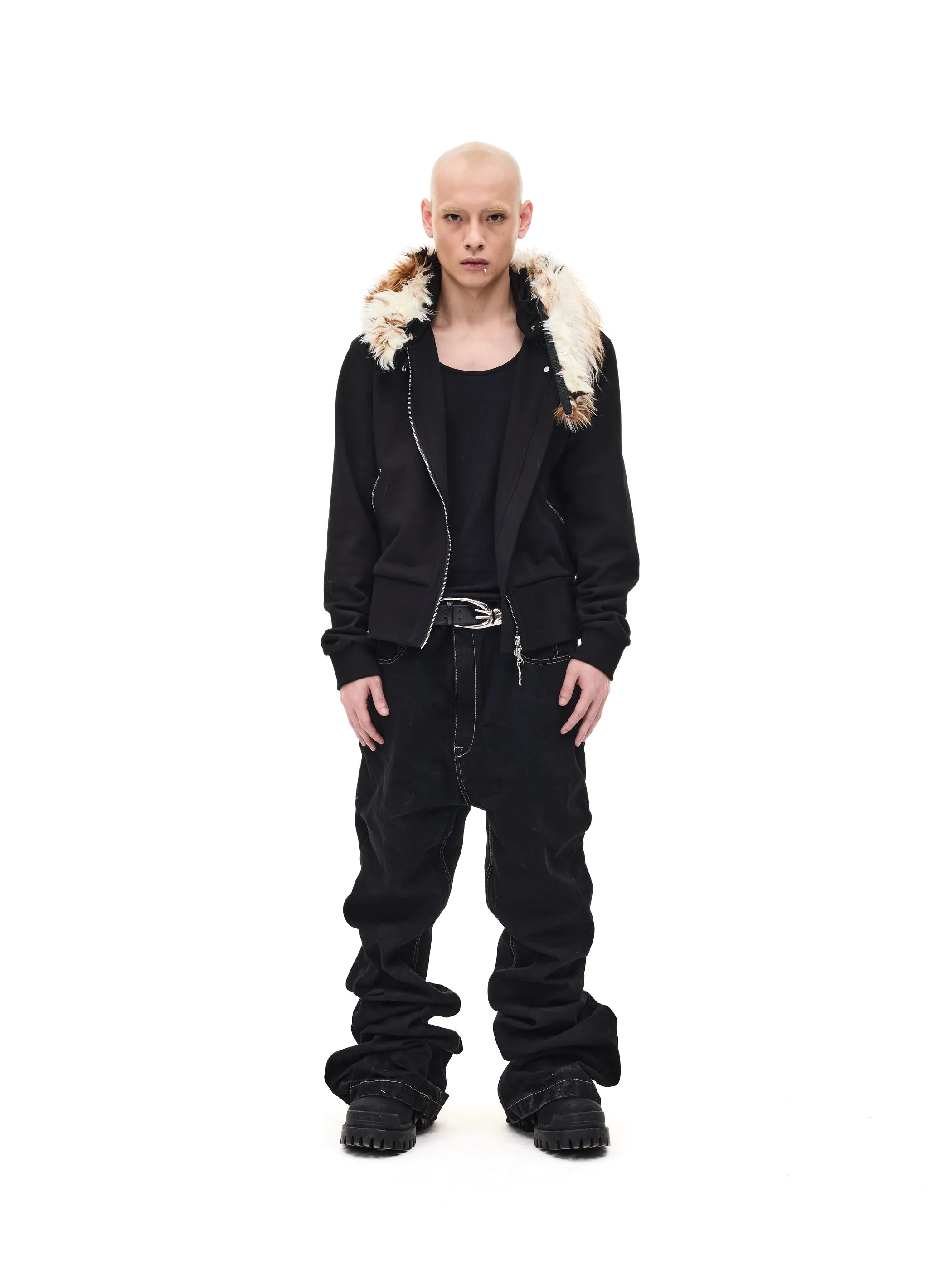 Fur-trimmed slim-fit hooded sweatshirt