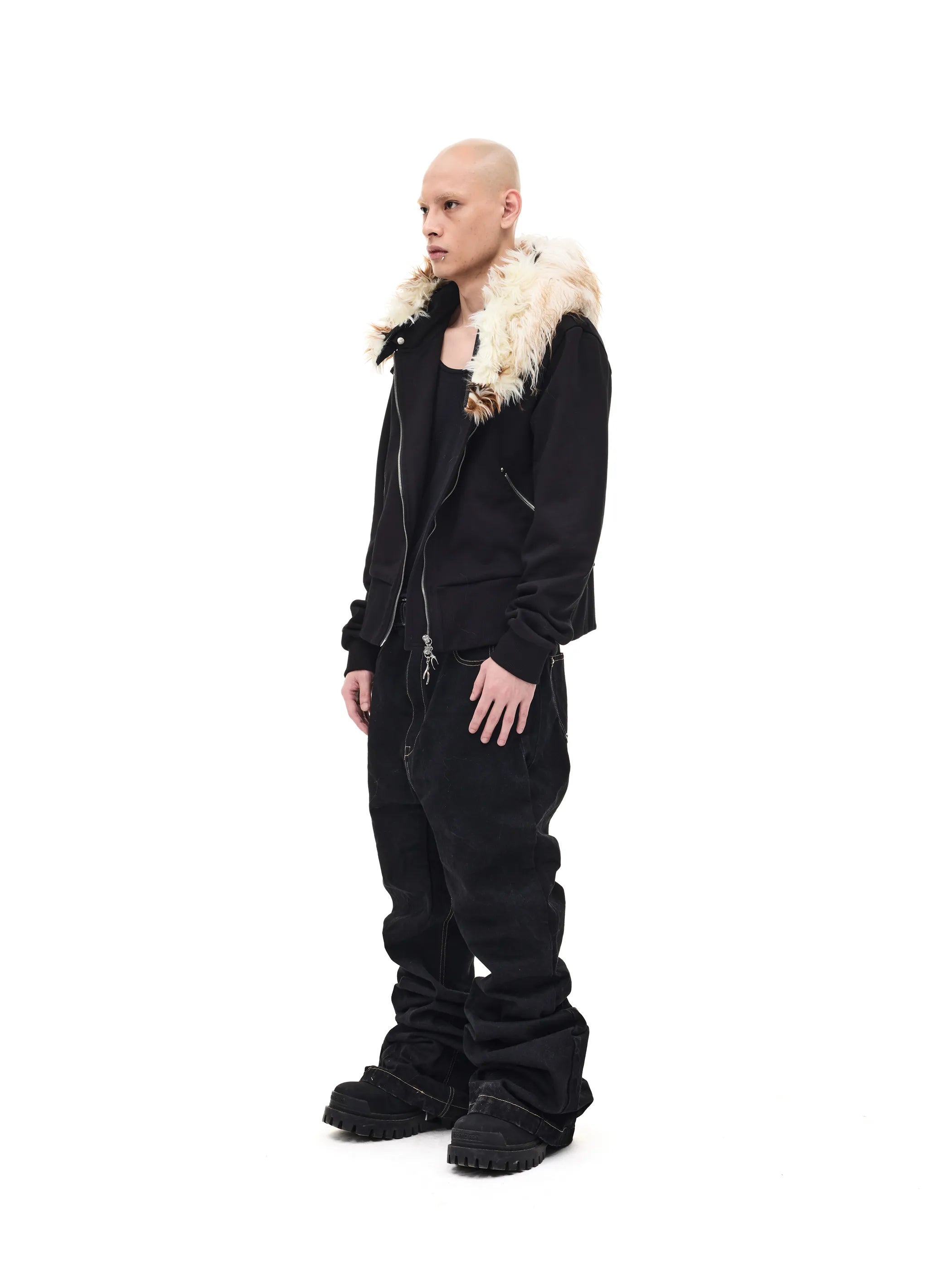 Fur-trimmed slim-fit hooded sweatshirt
