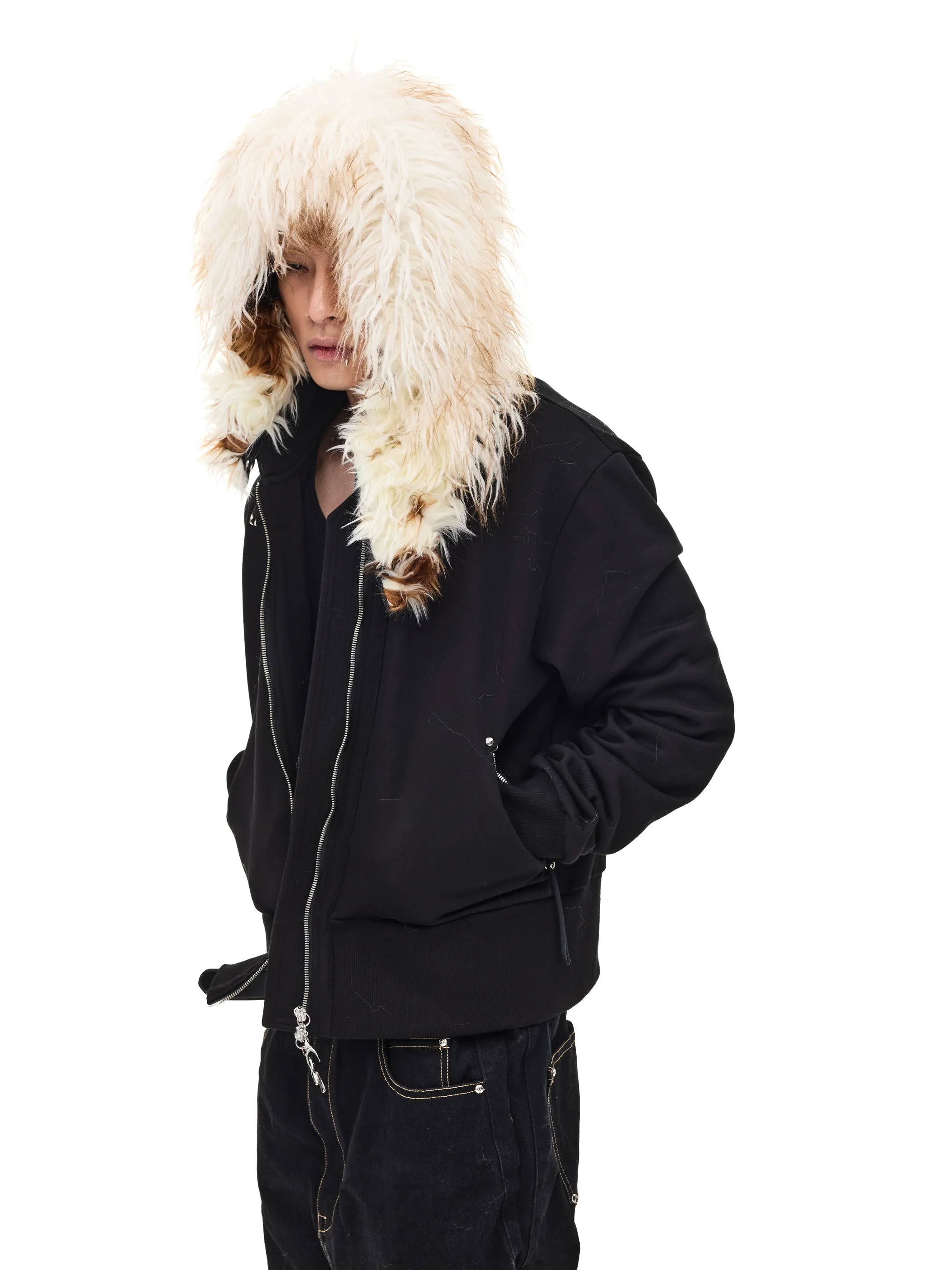 Fur-trimmed slim-fit hooded sweatshirt