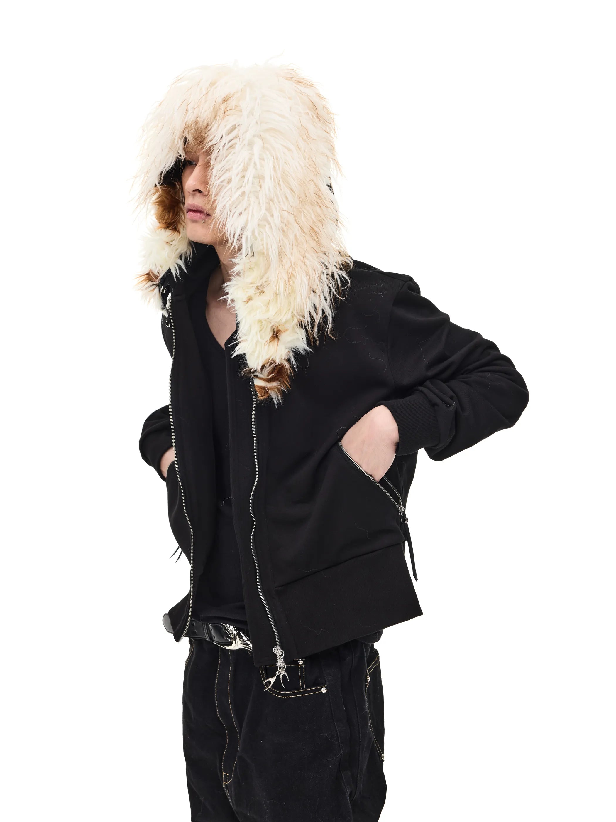 Fur-trimmed slim-fit hooded sweatshirt