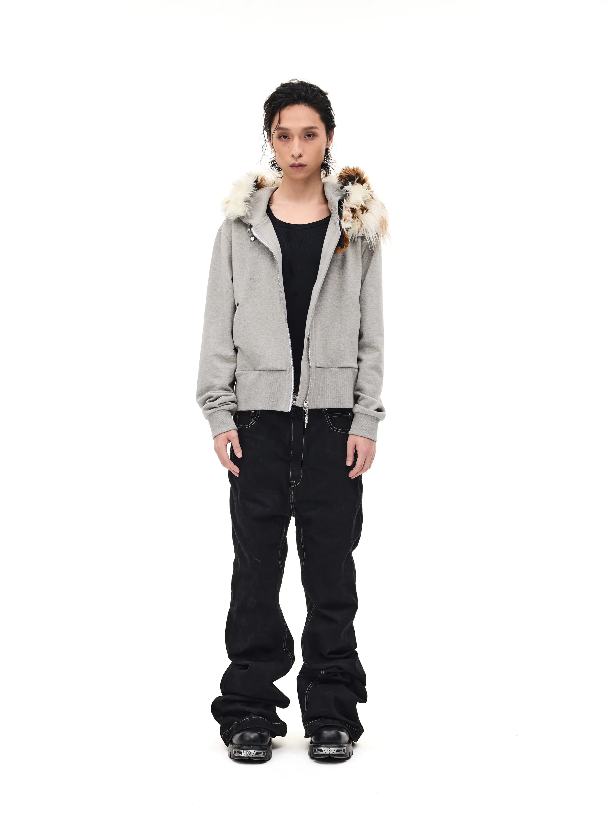 Fur-trimmed slim-fit hooded sweatshirt