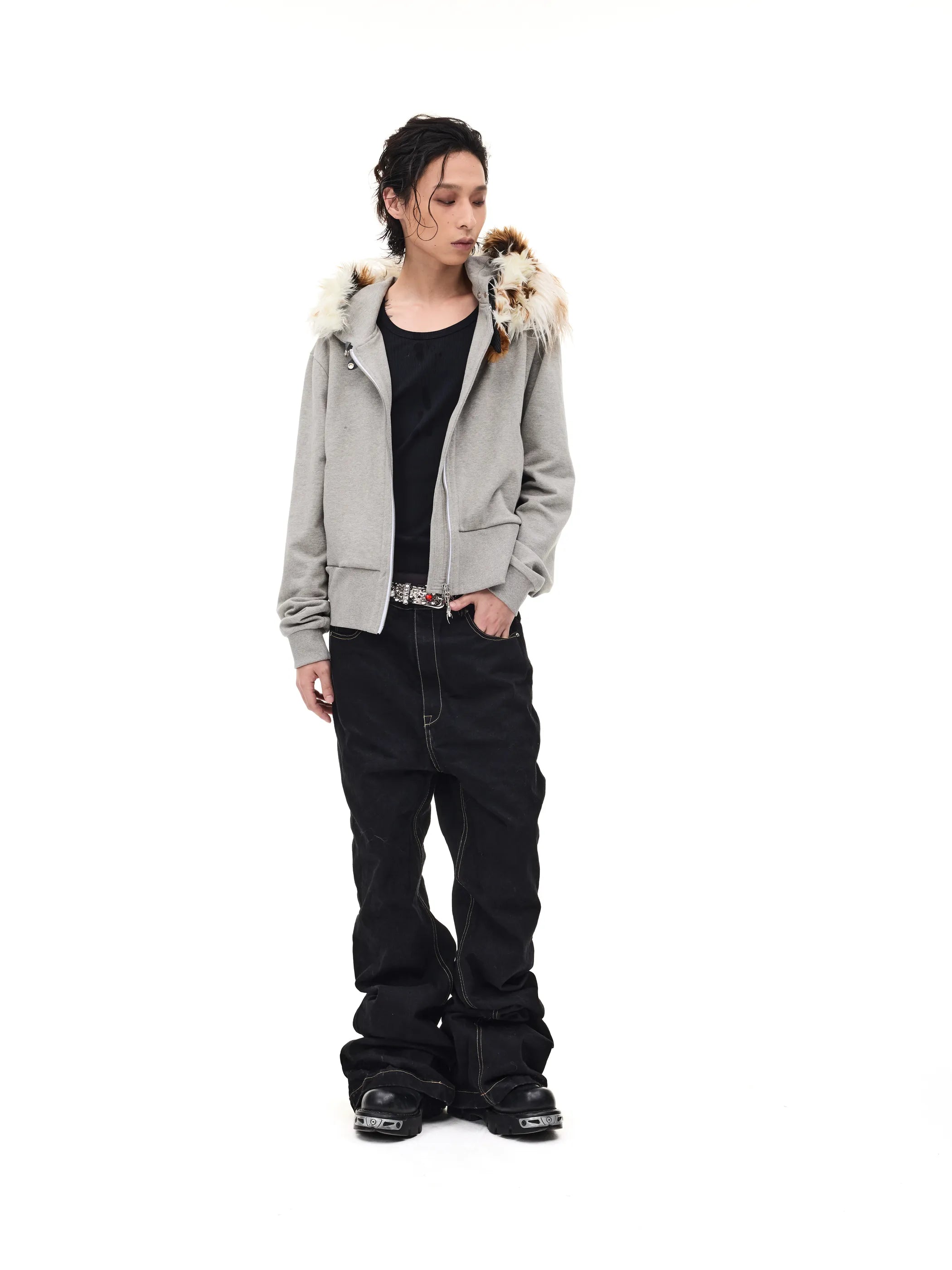 Fur-trimmed slim-fit hooded sweatshirt