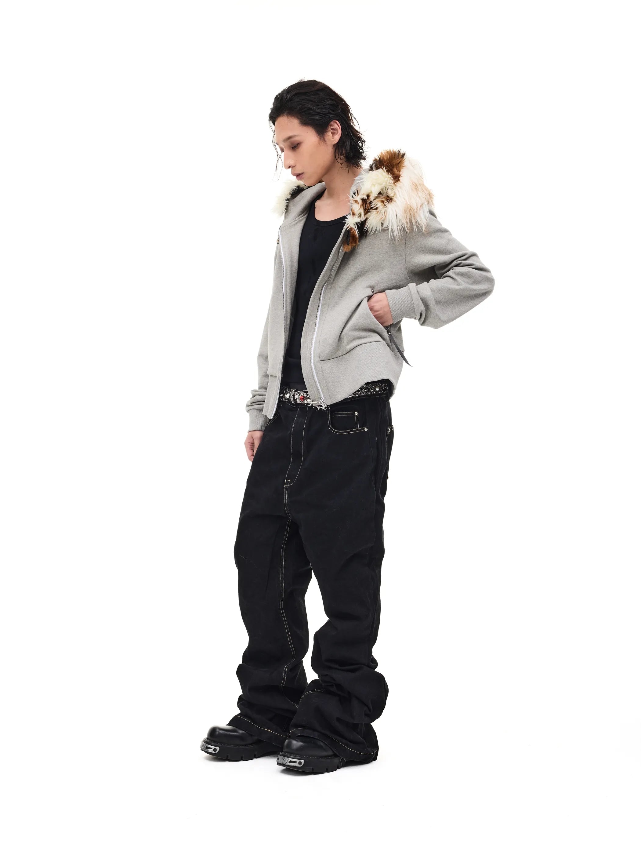 Fur-trimmed slim-fit hooded sweatshirt