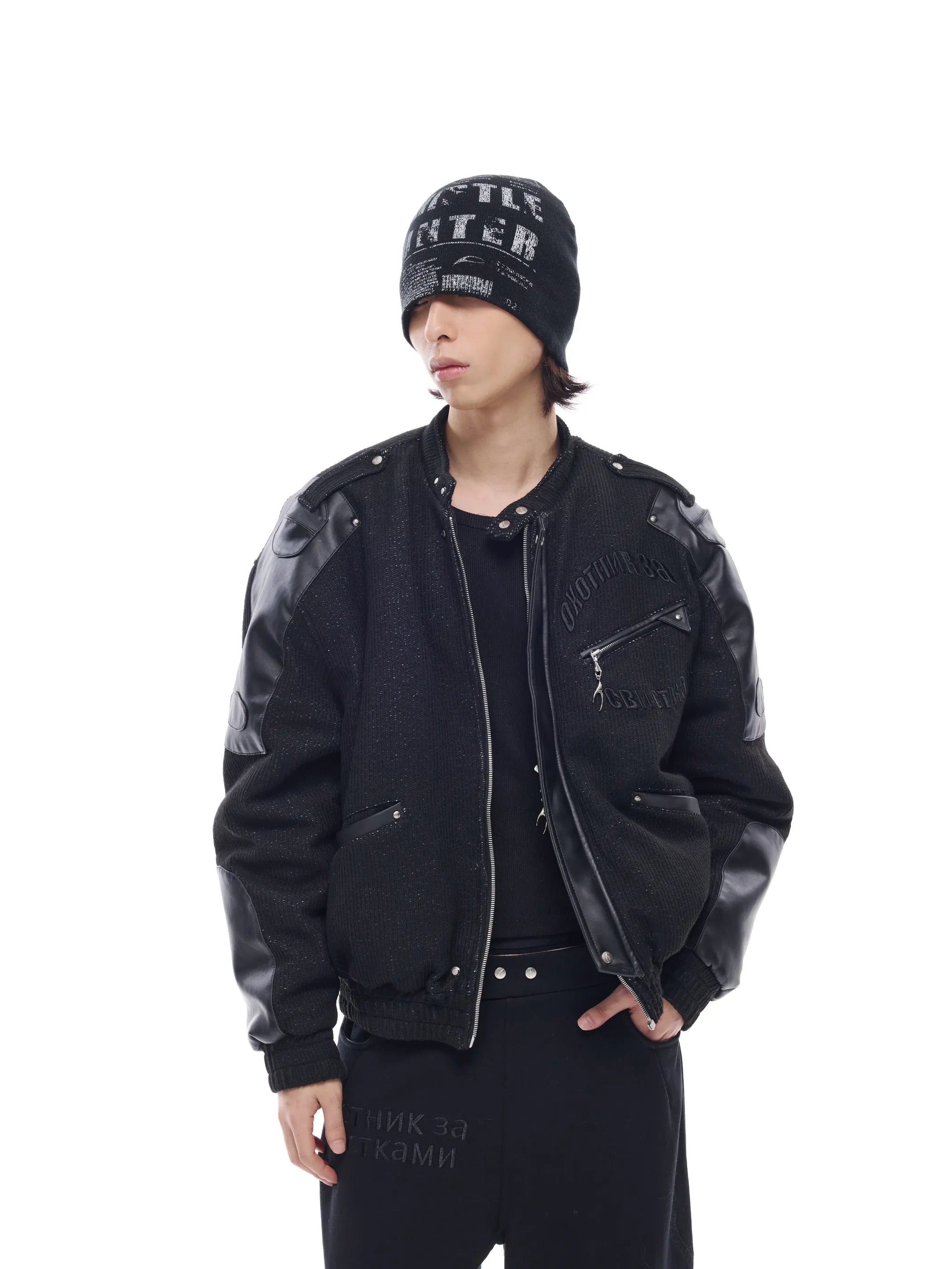 Leather-panelled moto bomber jacket