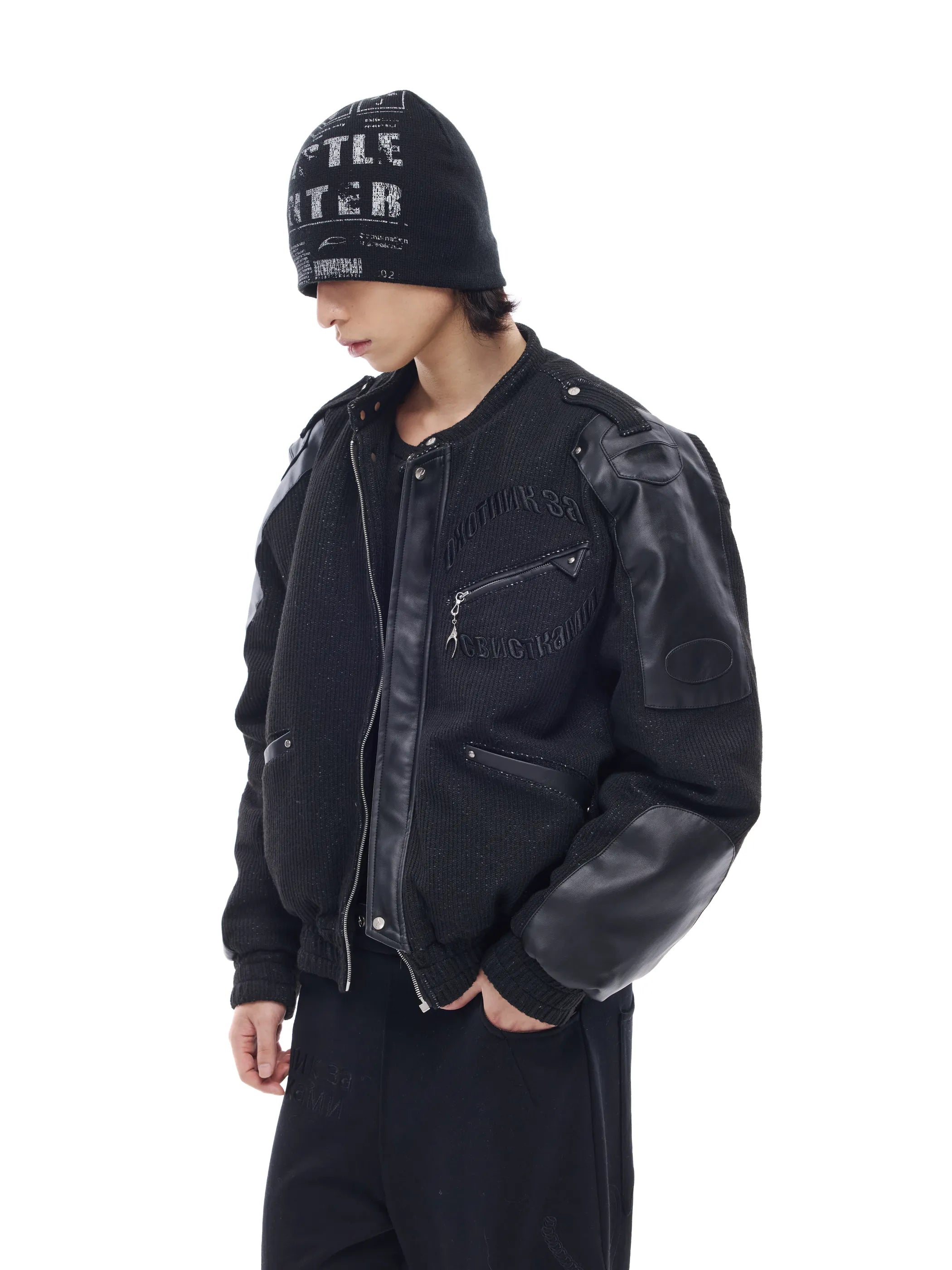 Leather-panelled moto bomber jacket