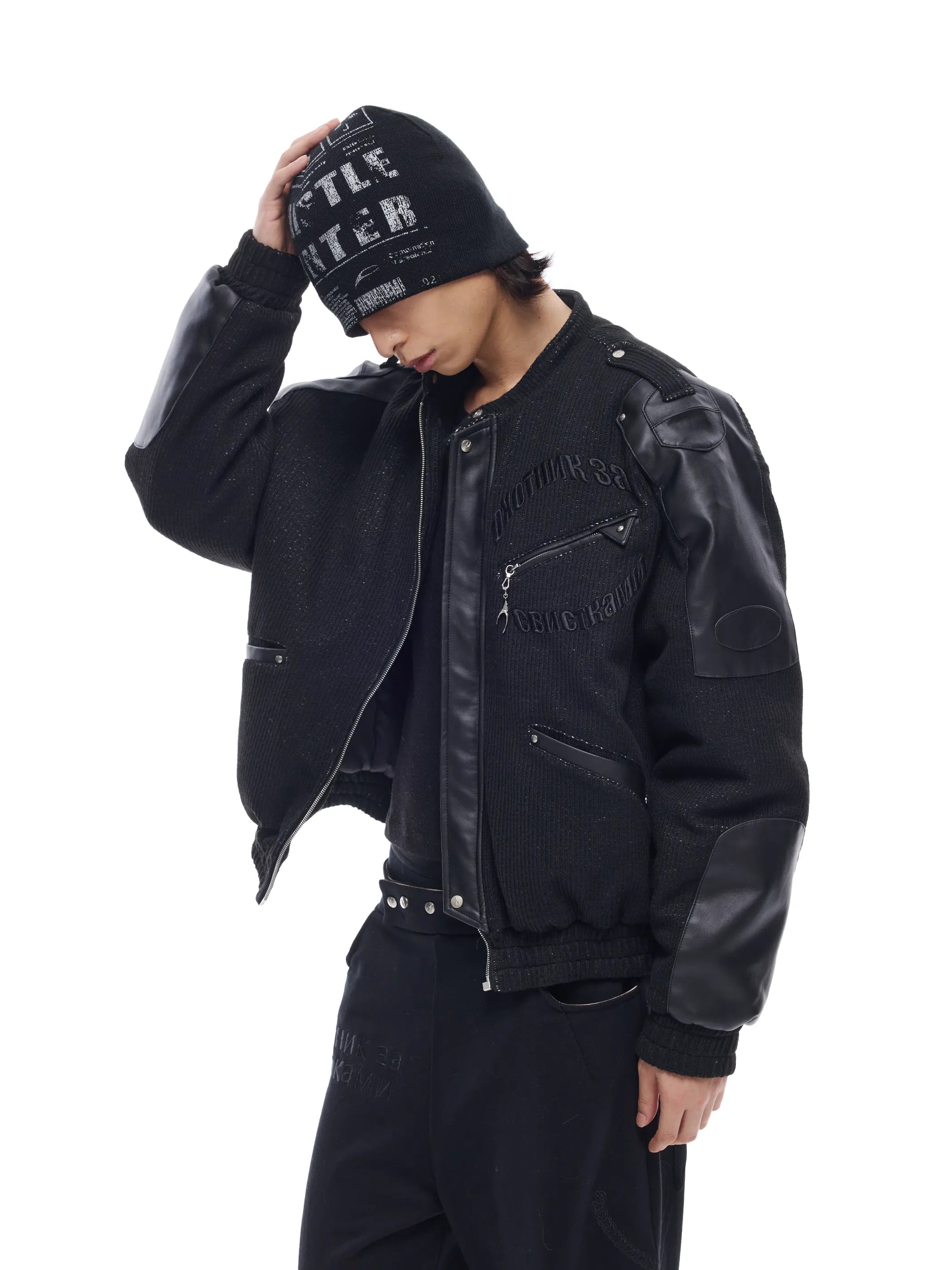 Leather-panelled moto bomber jacket