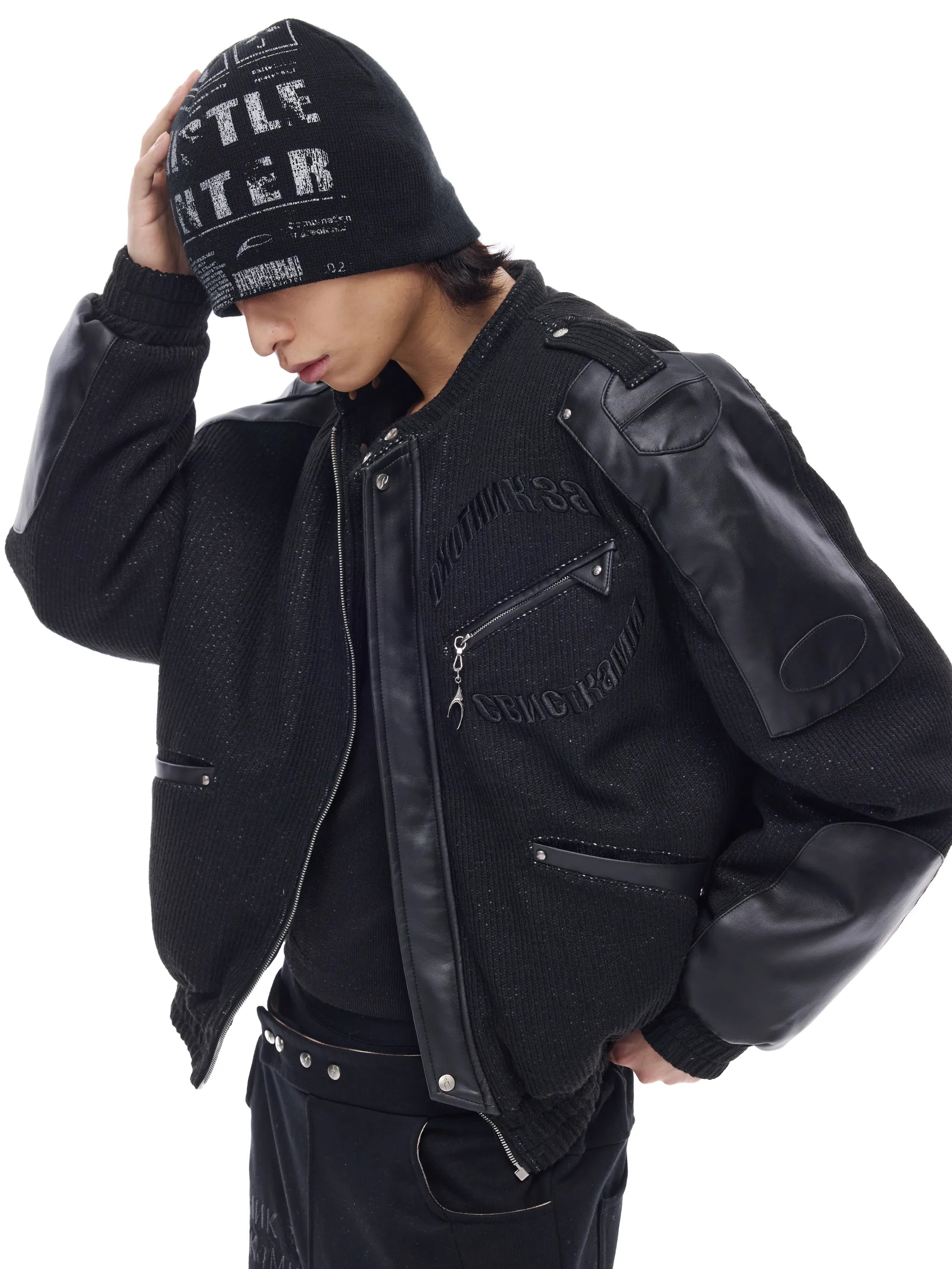 Leather-panelled moto bomber jacket