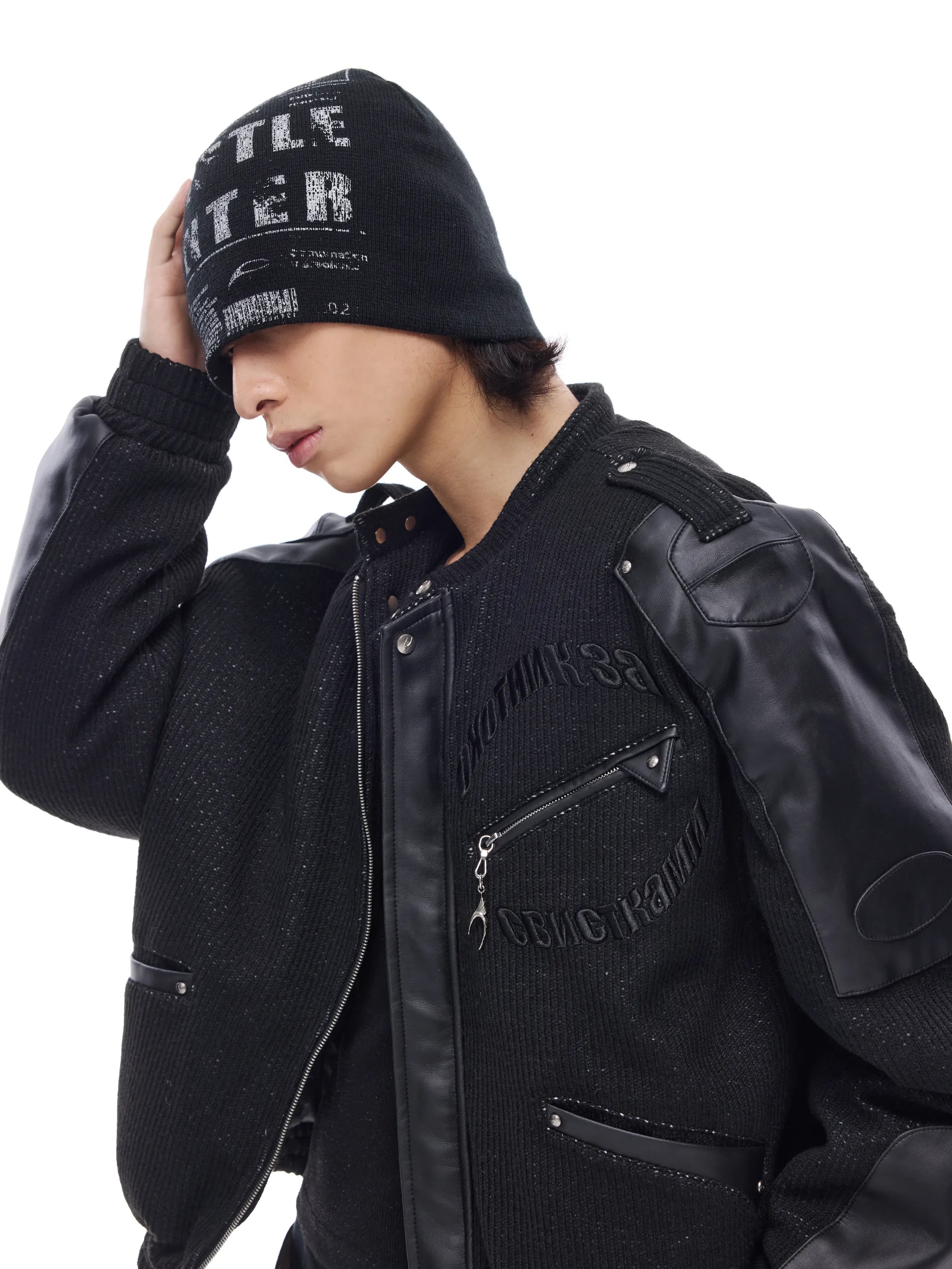 Leather-panelled moto bomber jacket