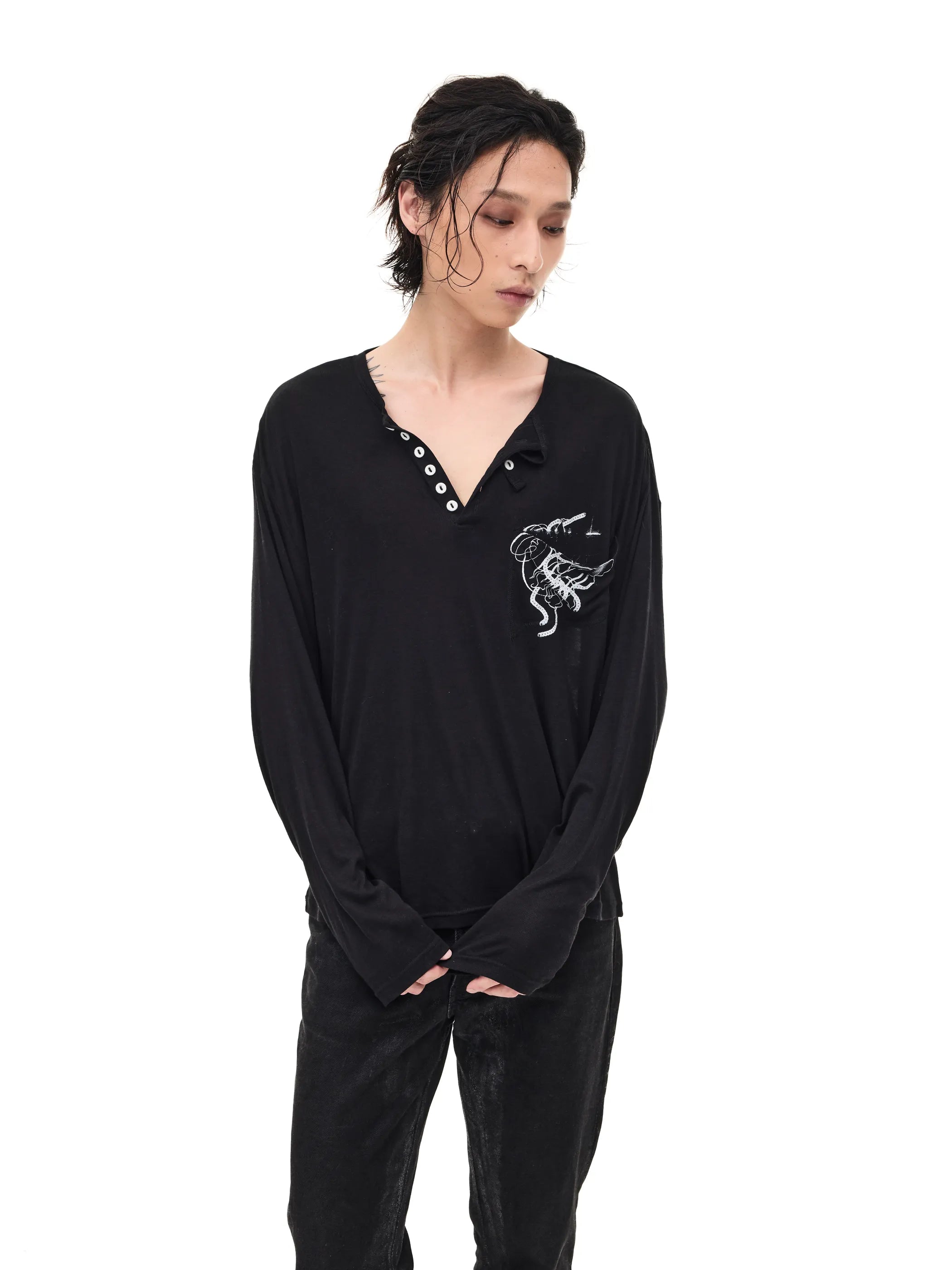 Lightweight Wool Henley Collar T-shirt