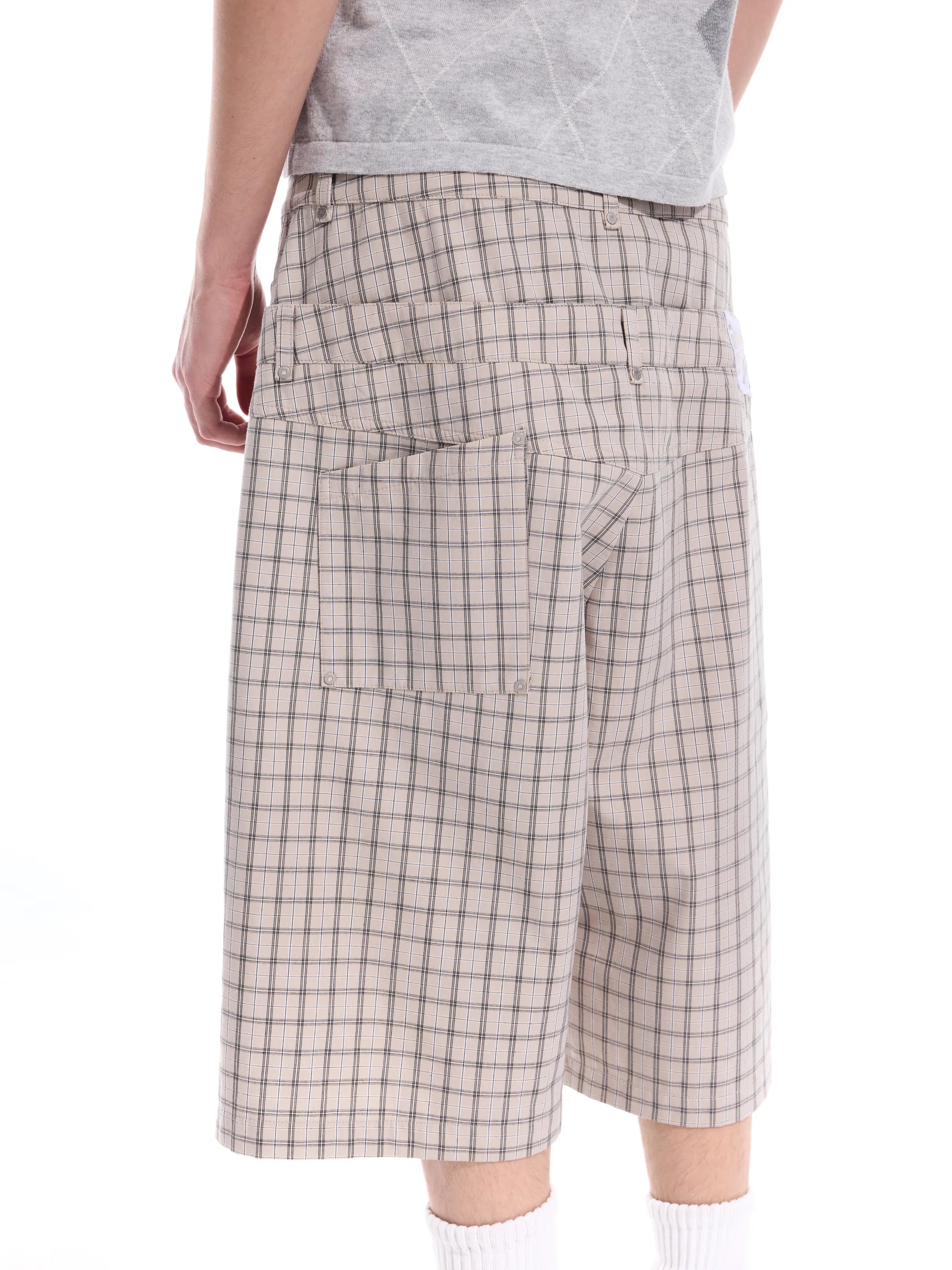 Checked double-waistband ribbon-tie shorts