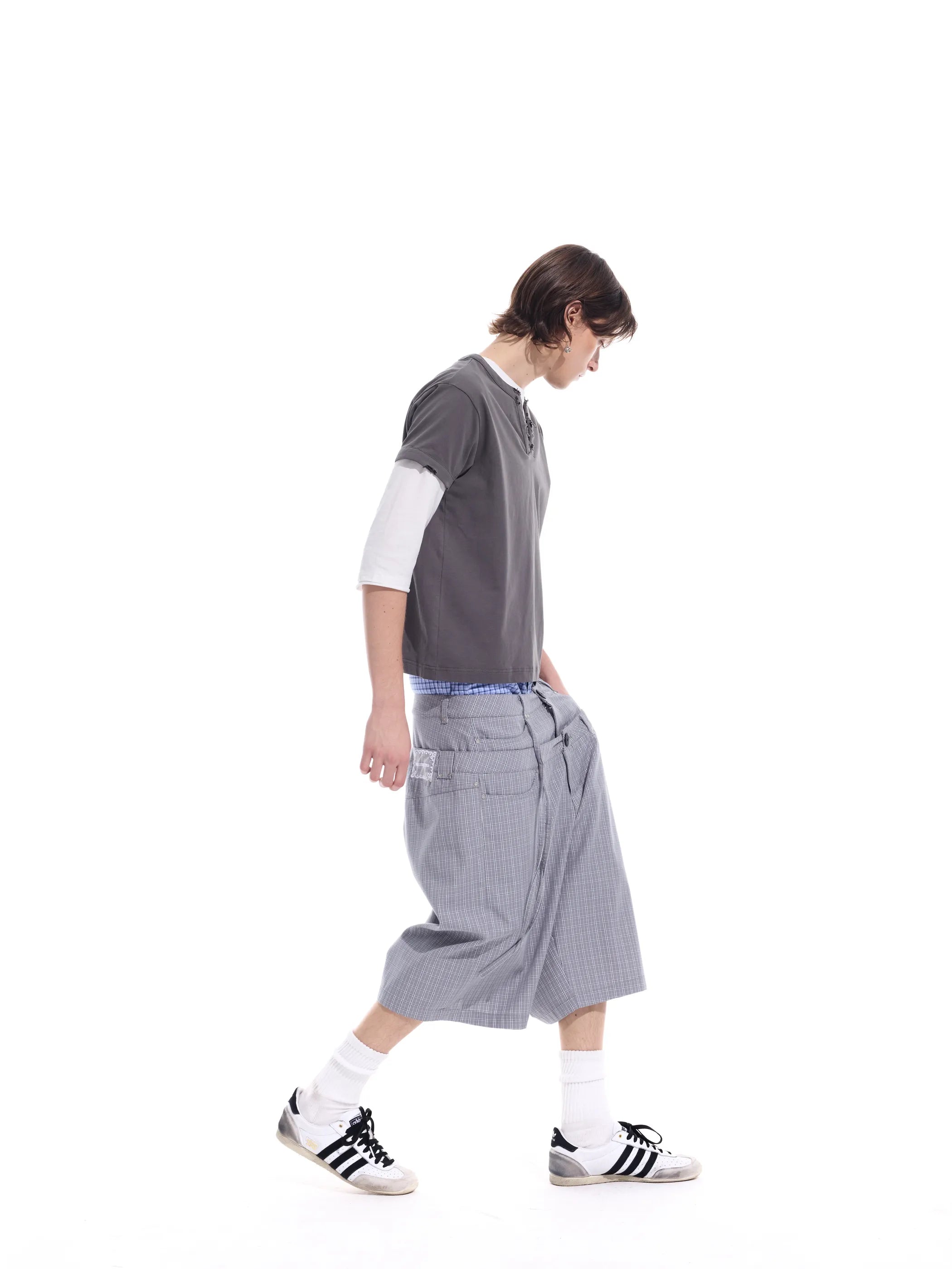 Checked double-waistband ribbon-tie shorts