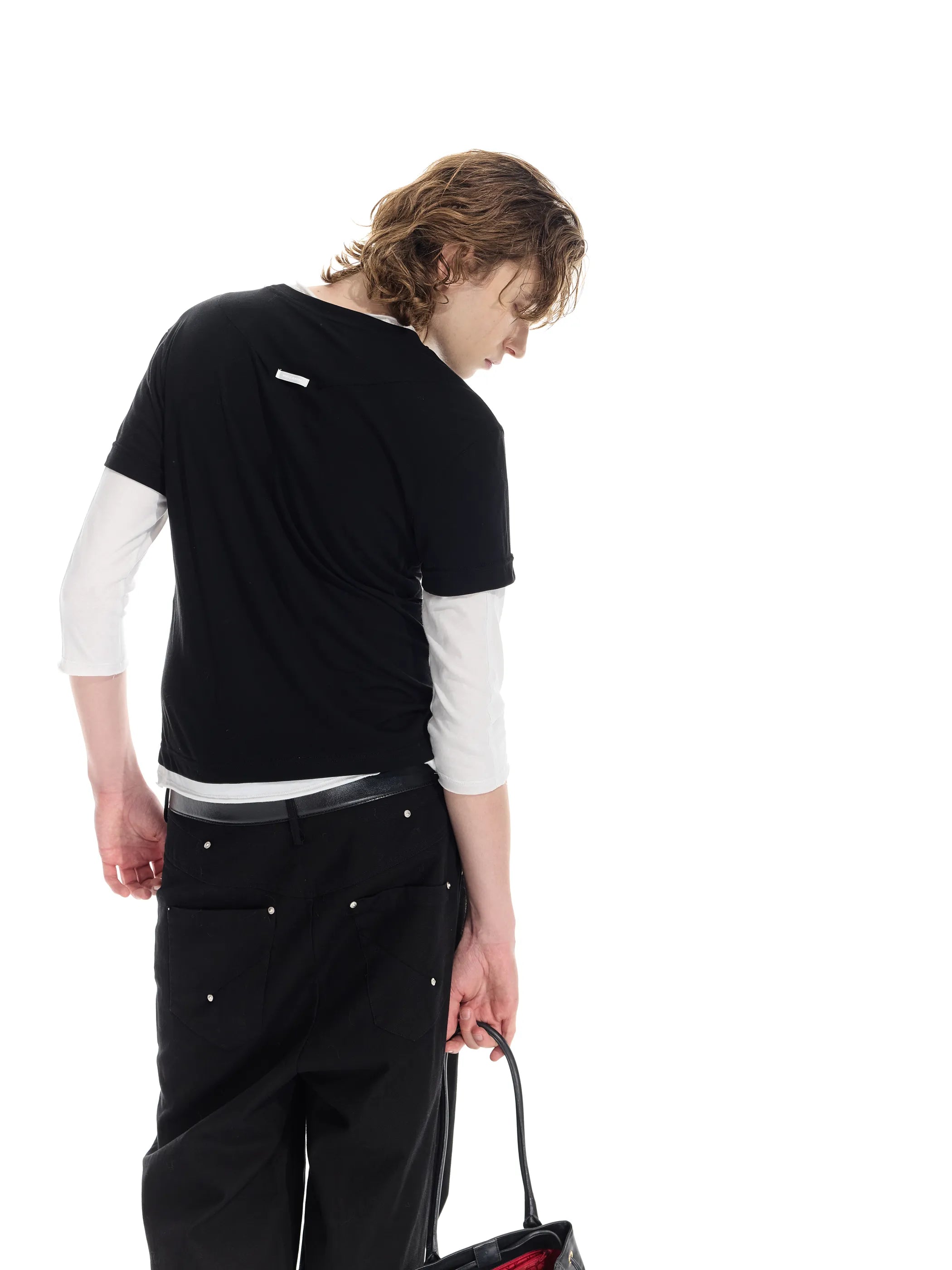 Colour-blocked half-sleeve mock two-piece T-shirt