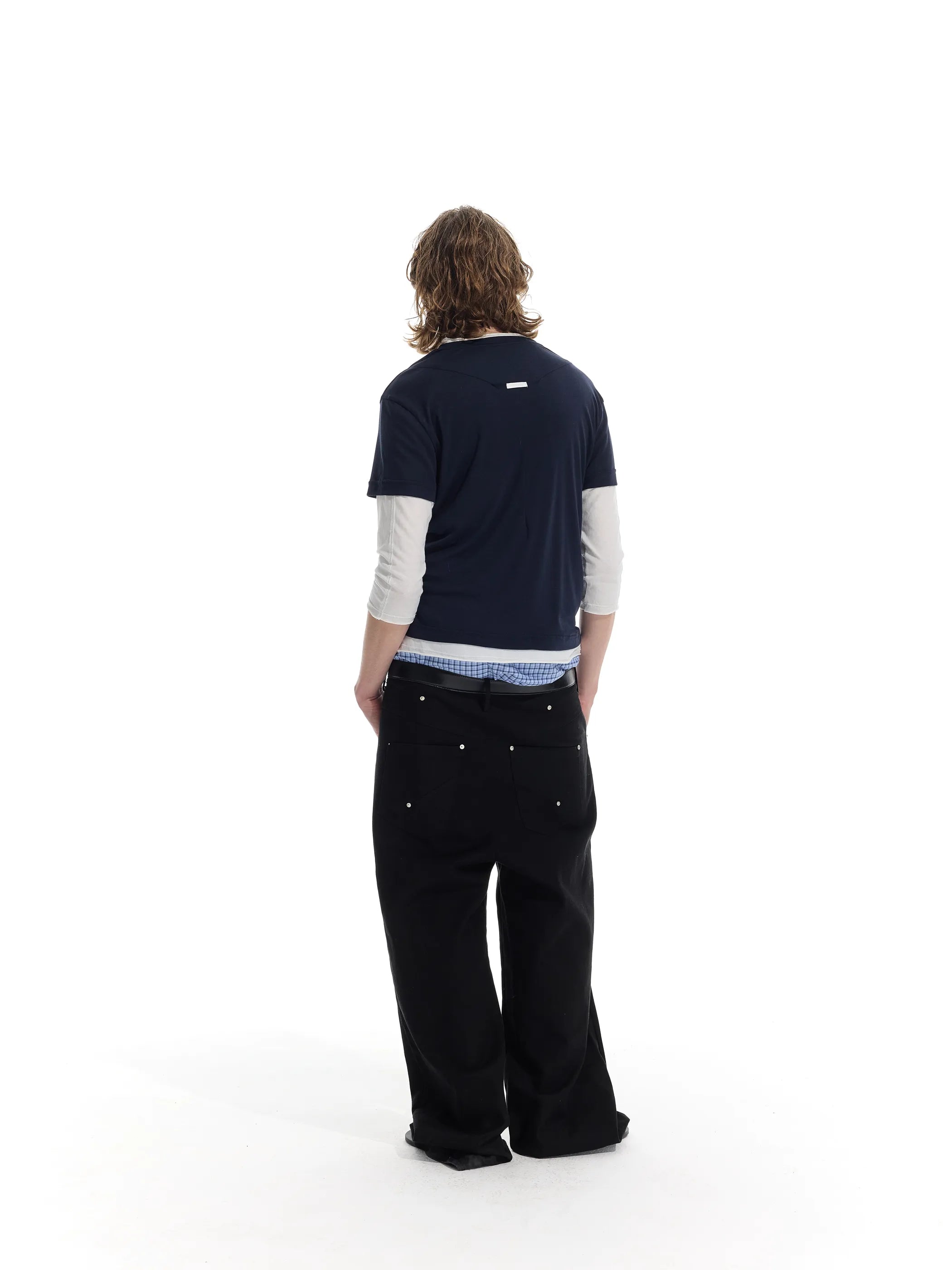 Colour-blocked half-sleeve mock two-piece T-shirt