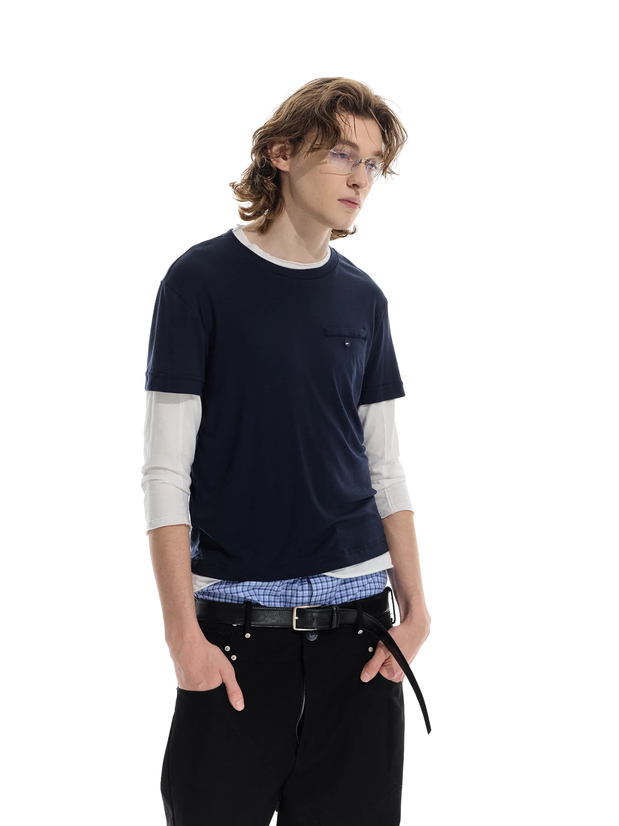 Colour-blocked half-sleeve mock two-piece T-shirt