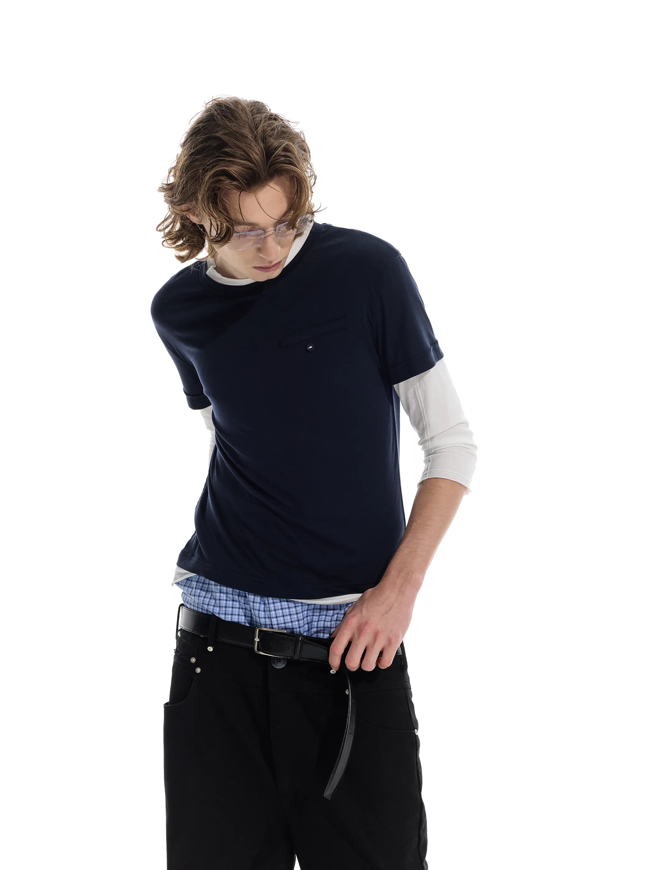 Colour-blocked half-sleeve mock two-piece T-shirt