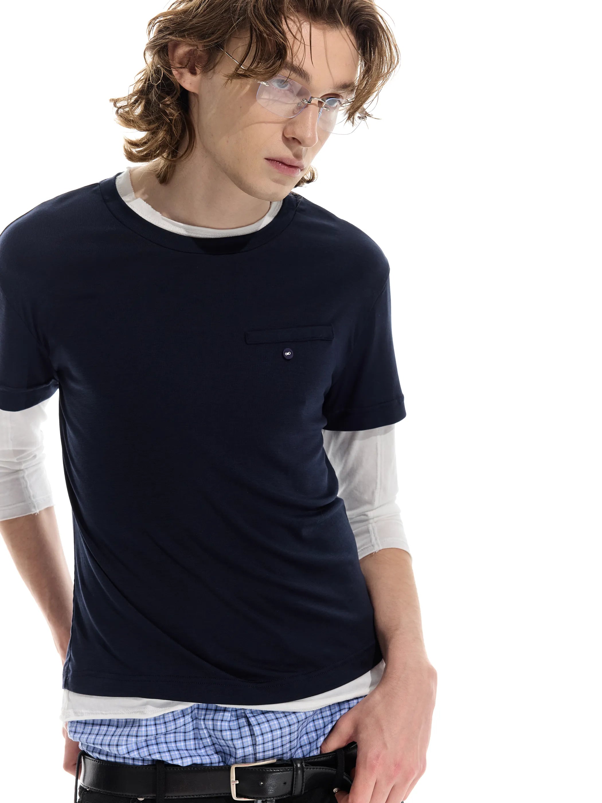 Colour-blocked half-sleeve mock two-piece T-shirt