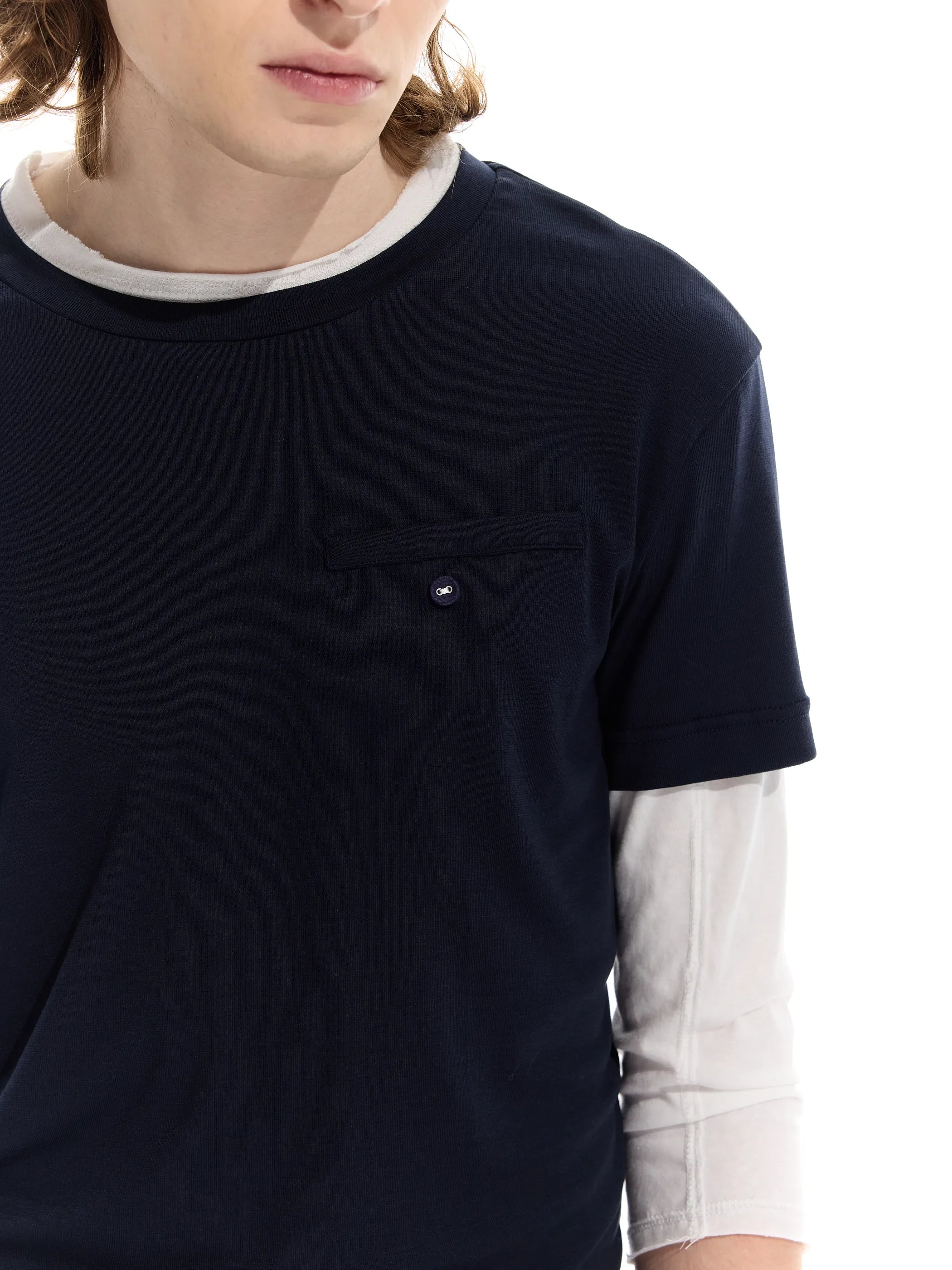 Colour-blocked half-sleeve mock two-piece T-shirt