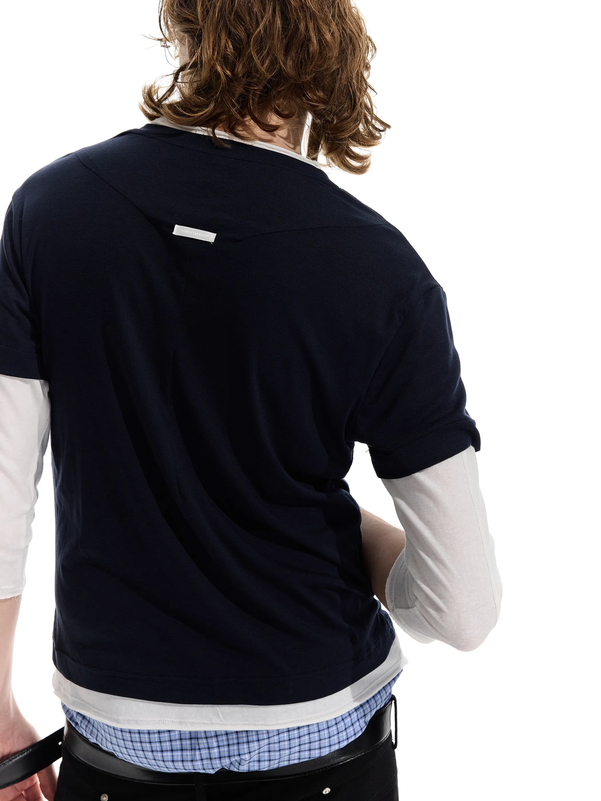 Colour-blocked half-sleeve mock two-piece T-shirt