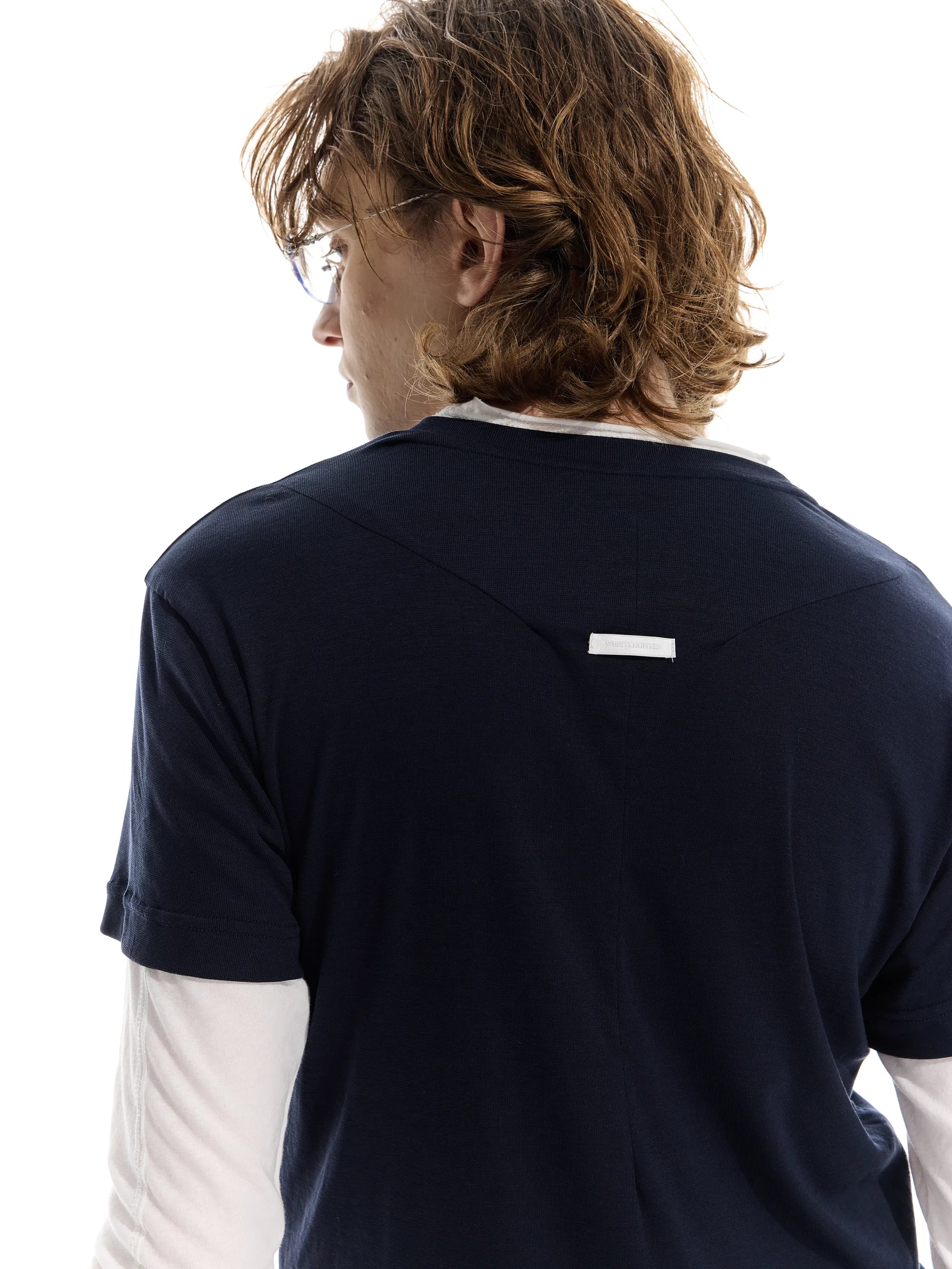 Colour-blocked half-sleeve mock two-piece T-shirt