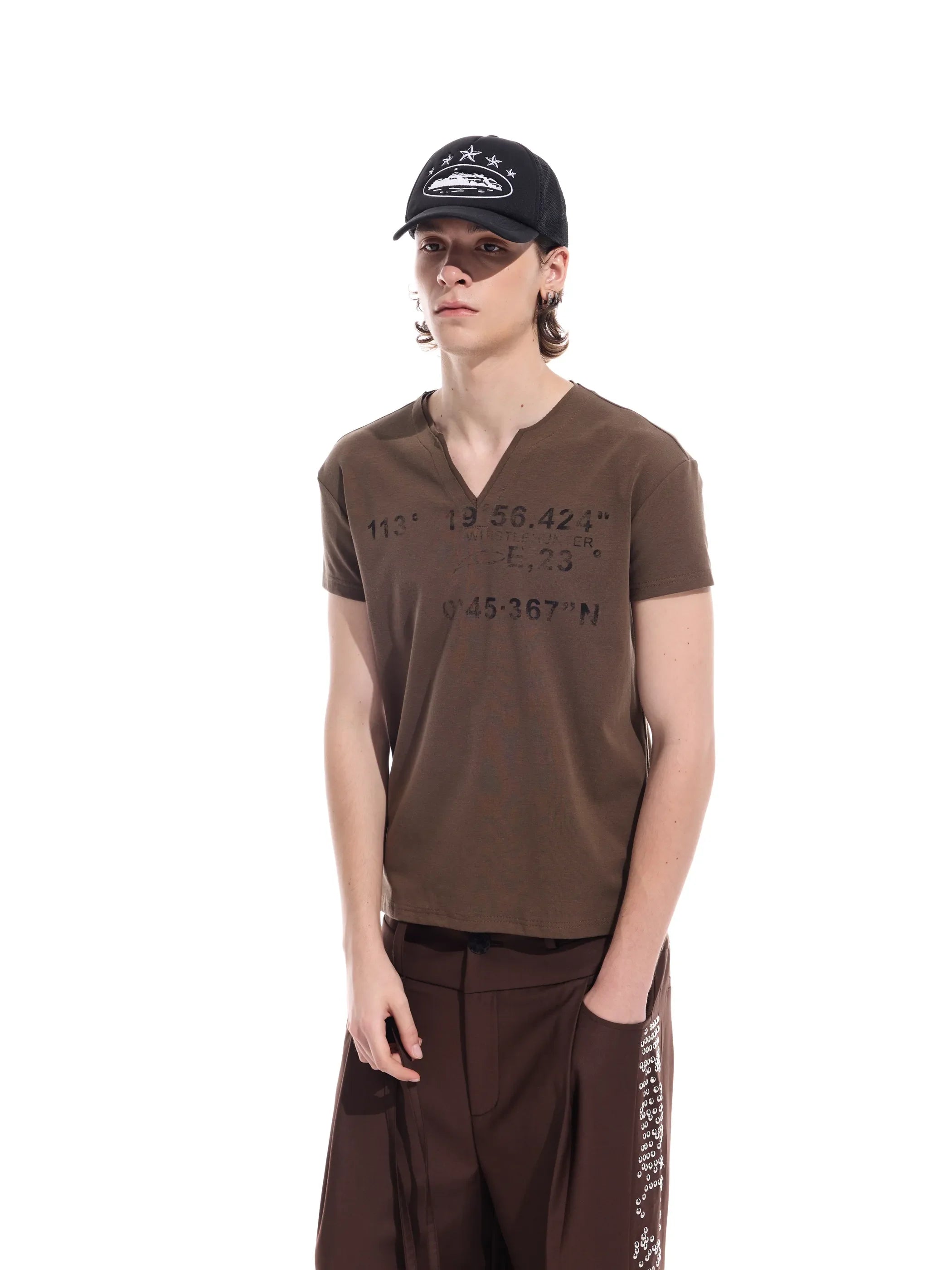 Distressed grid-pattern lyocell V-neck tee