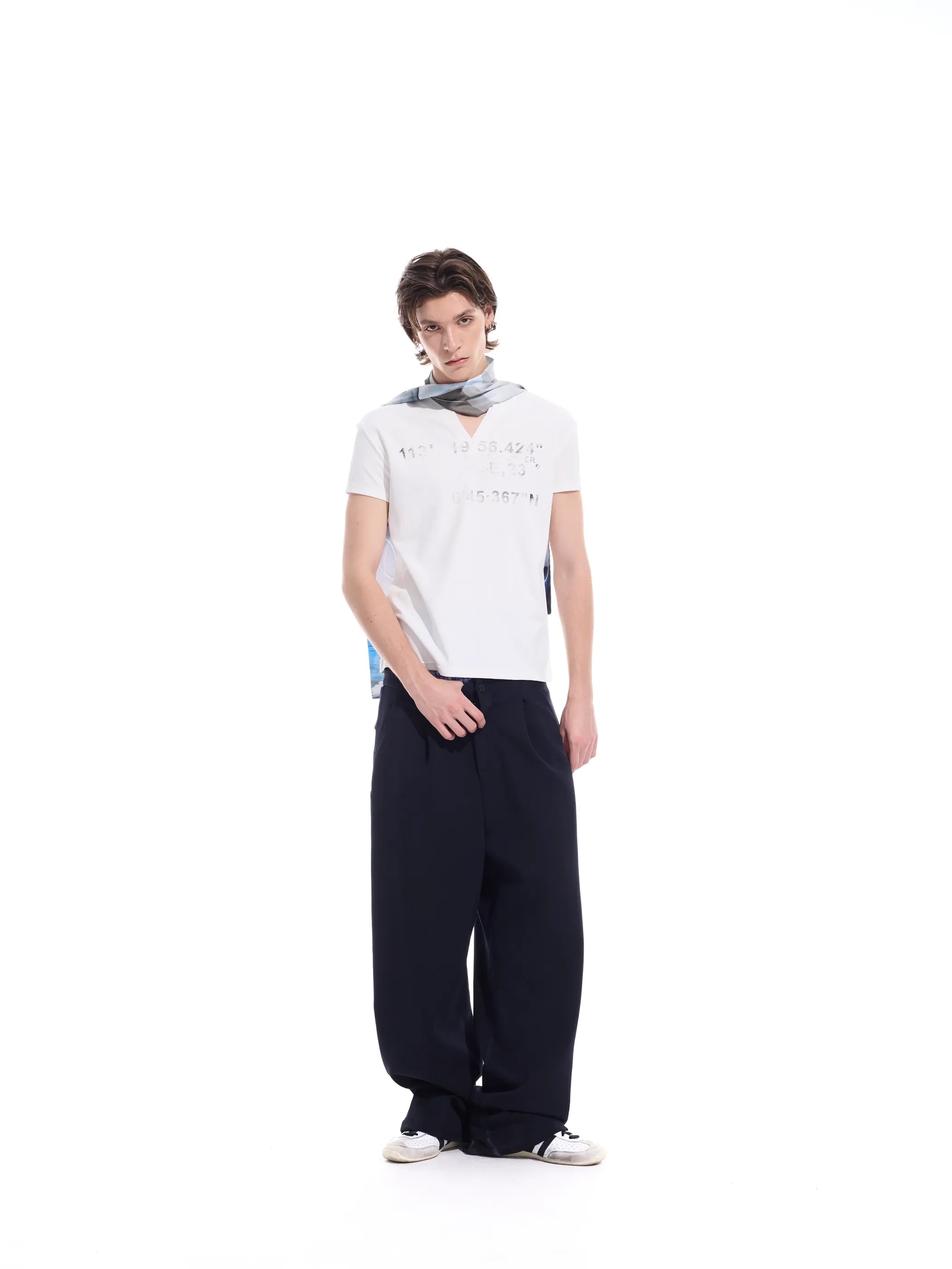 Distressed grid-pattern lyocell V-neck tee