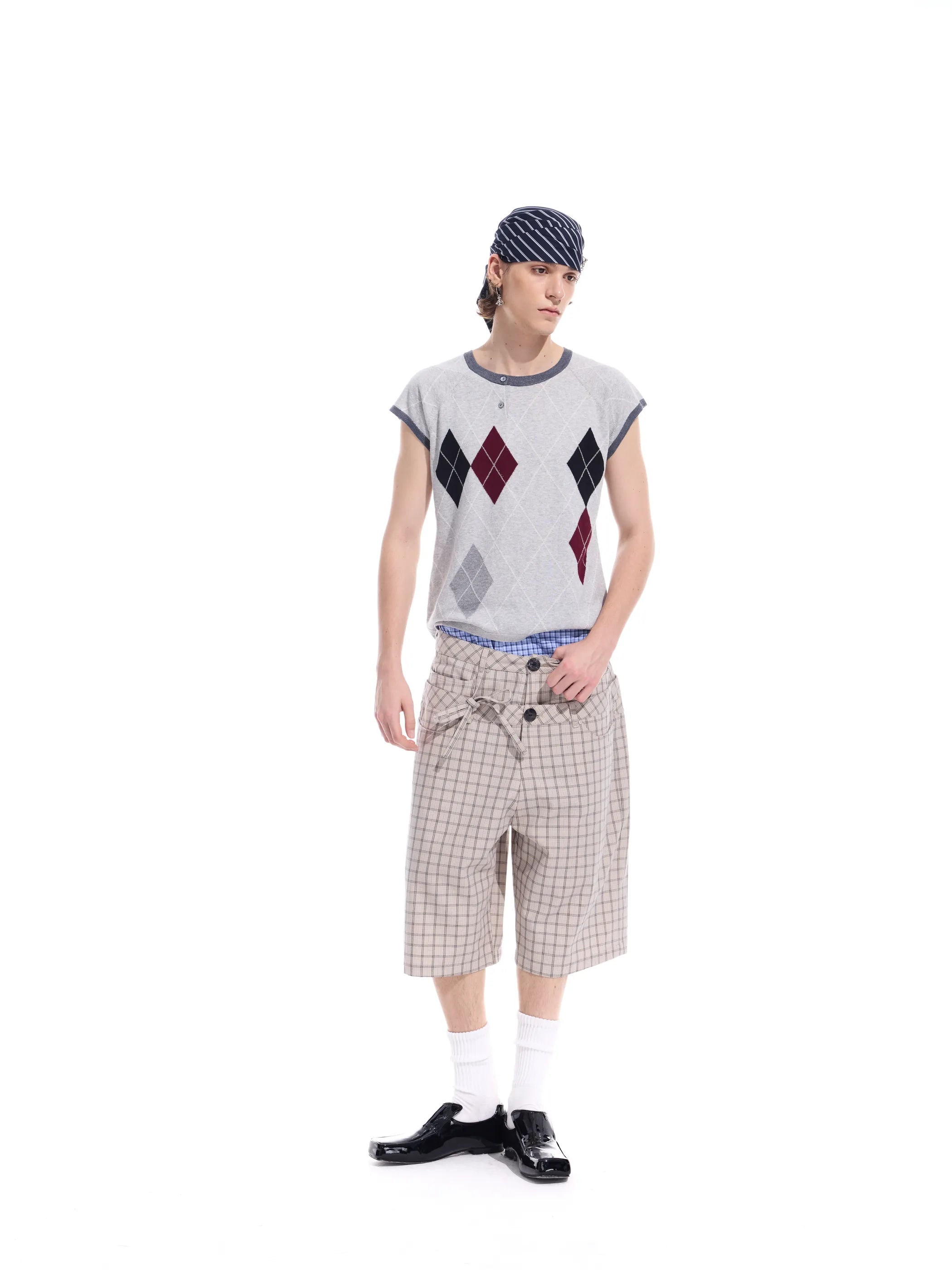 Intarsia check pure cotton knit short-sleeve T