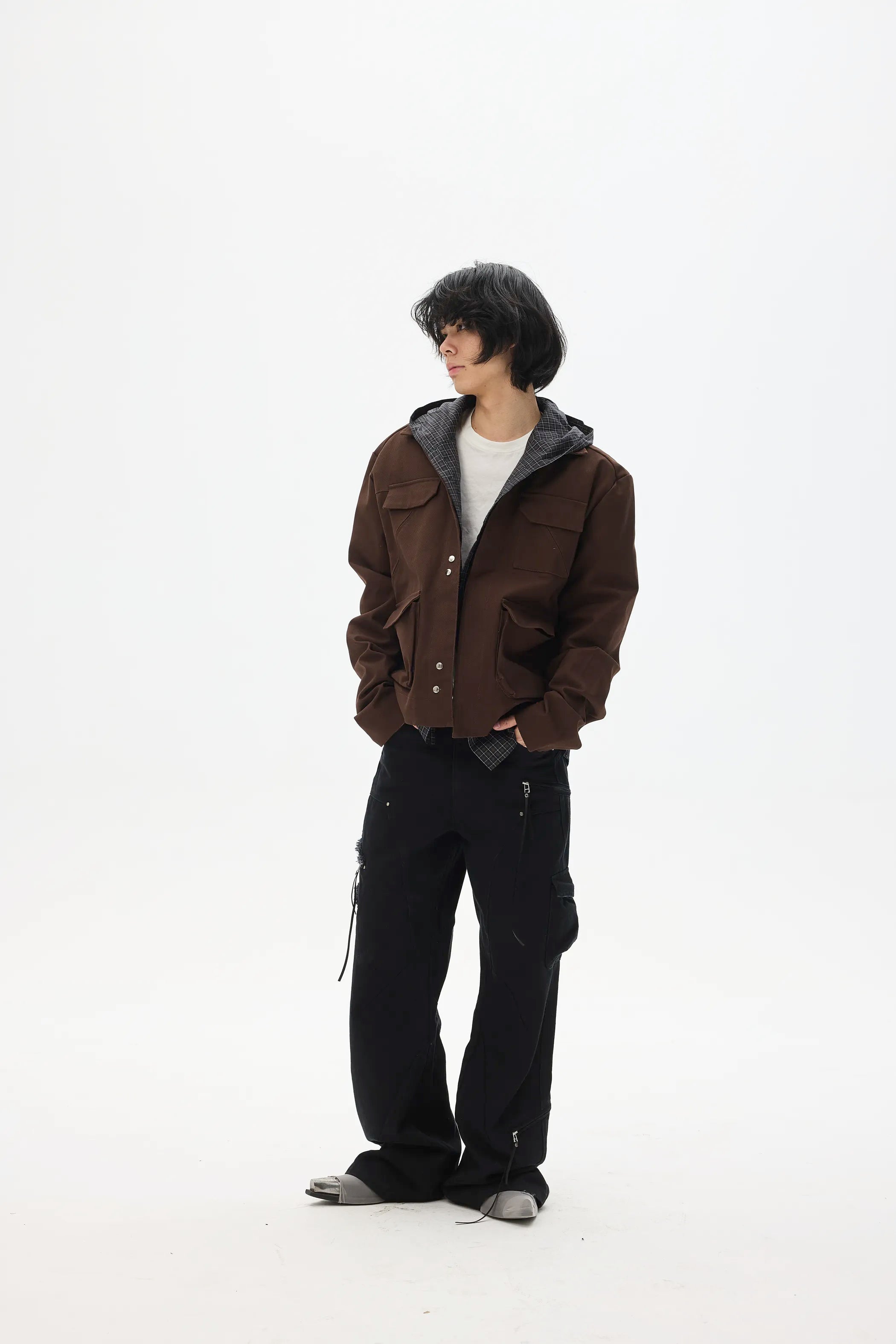 Model shot of Lace-Label Multi-Pocket Magnetic Closure Jacket 10