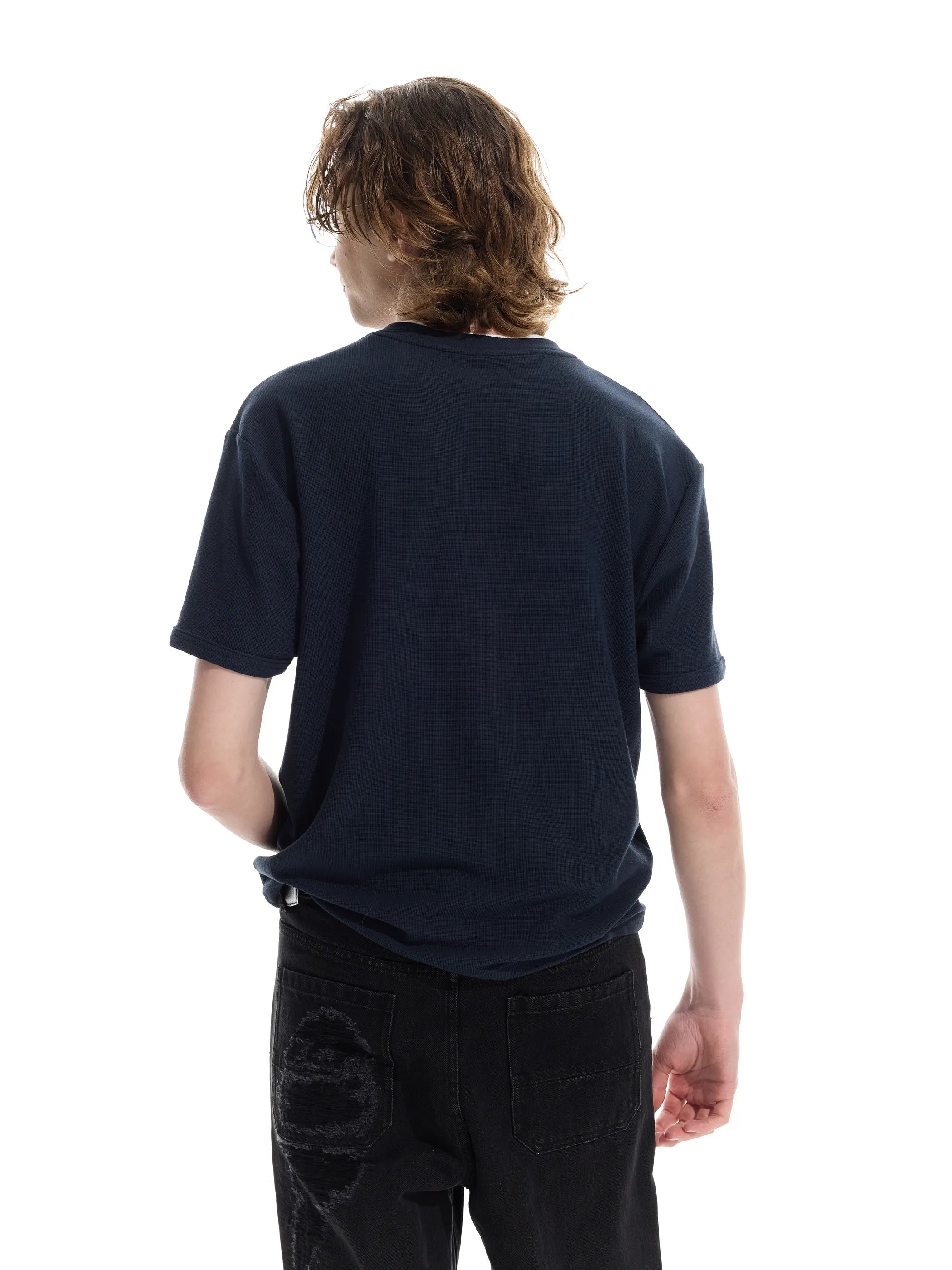 Patchwork V-neck waffle short-sleeved T-shirt