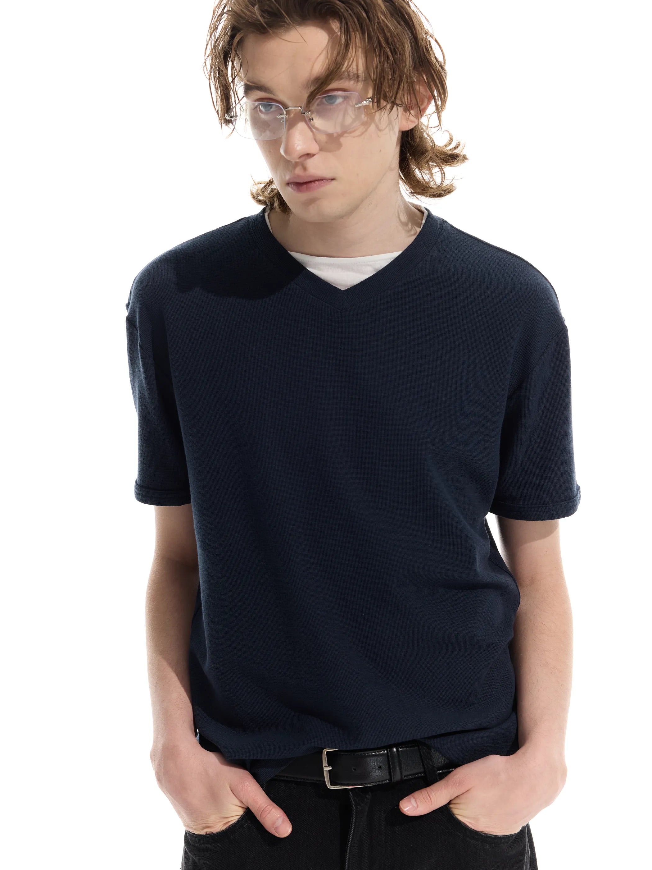 Patchwork V-neck waffle short-sleeved T-shirt
