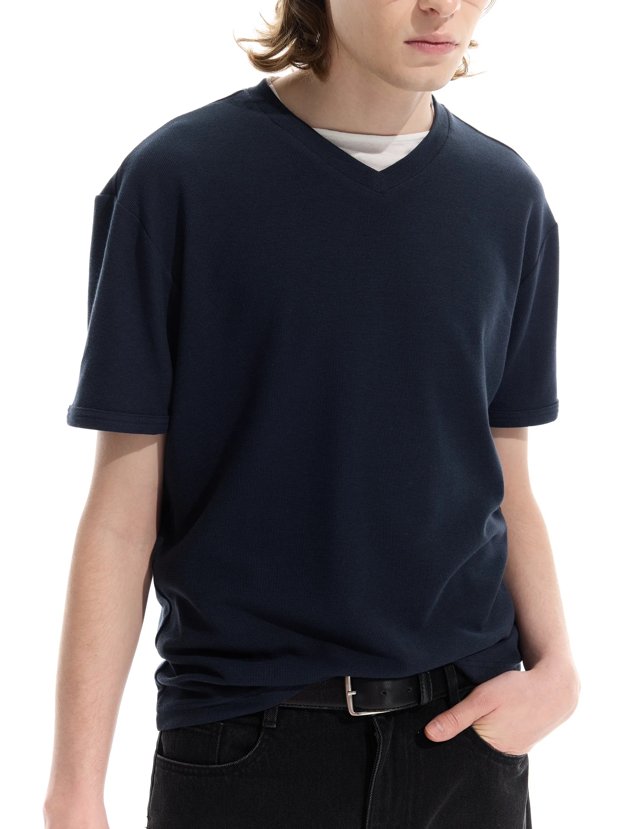 Patchwork V-neck waffle short-sleeved T-shirt