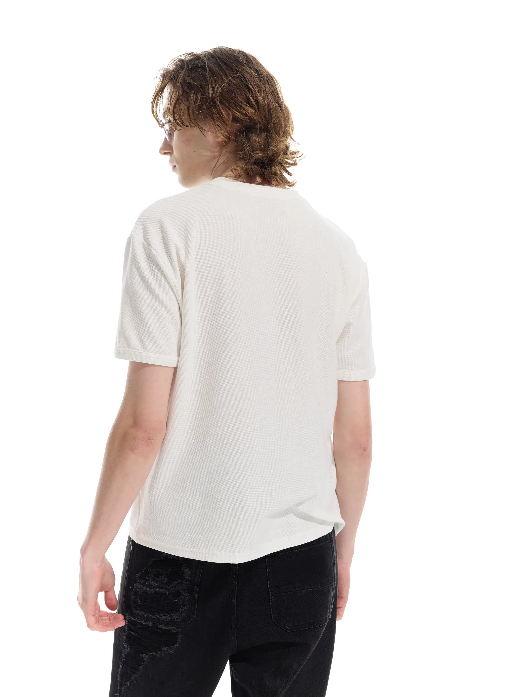 Patchwork V-neck waffle short-sleeved T-shirt