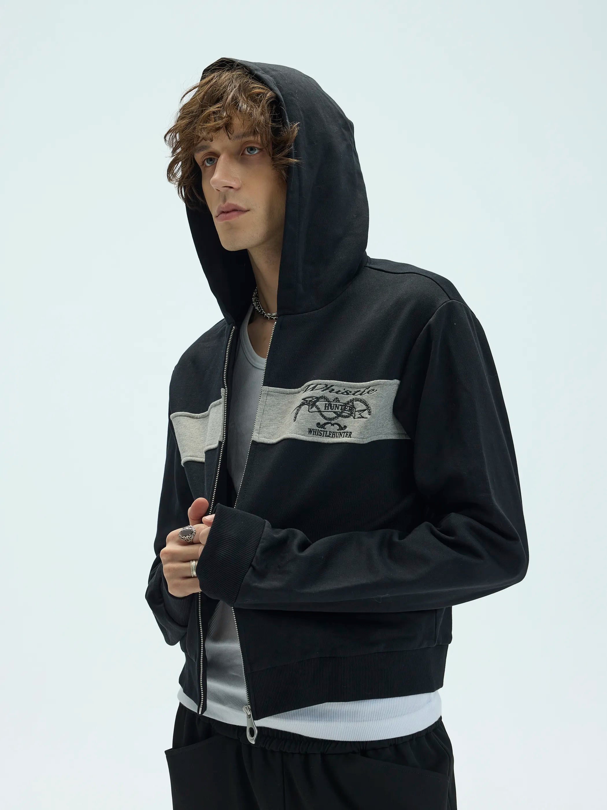 Model shot of Preppy Patchwork Embroidered Hoodie 3