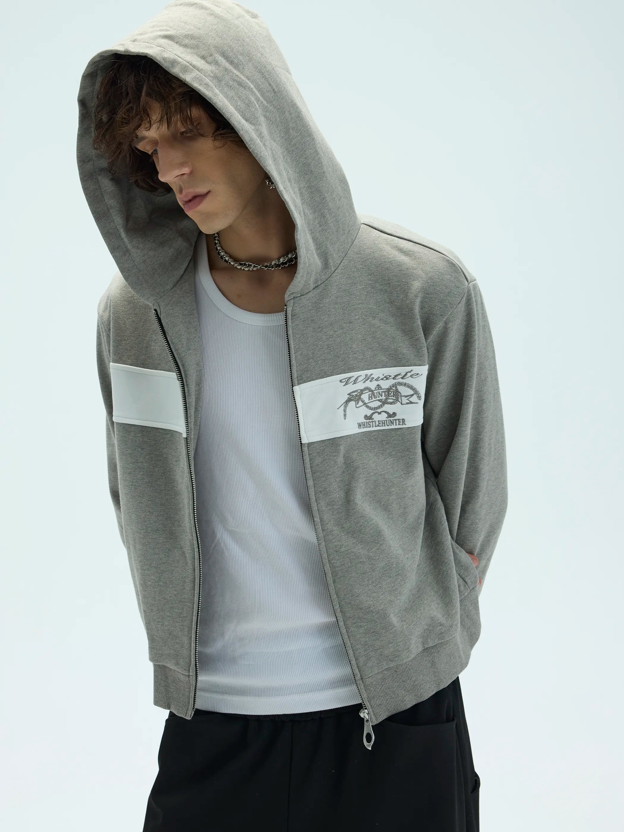 Model shot of Preppy Patchwork Embroidered Hoodie 3