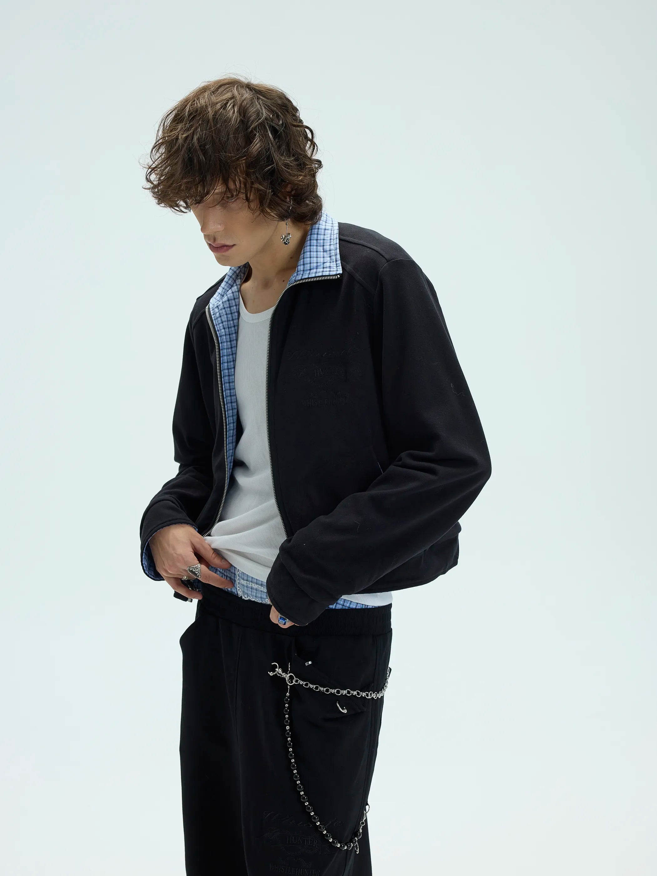 Model shot of Reversible Checked Velvet Embroidered Jacket 3