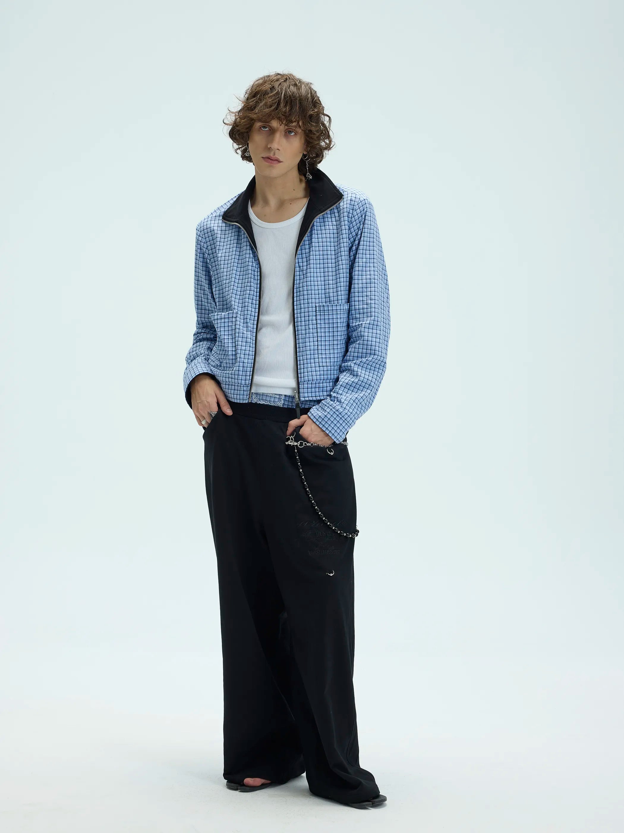 Model shot of Reversible Checked Velvet Embroidered Jacket 6