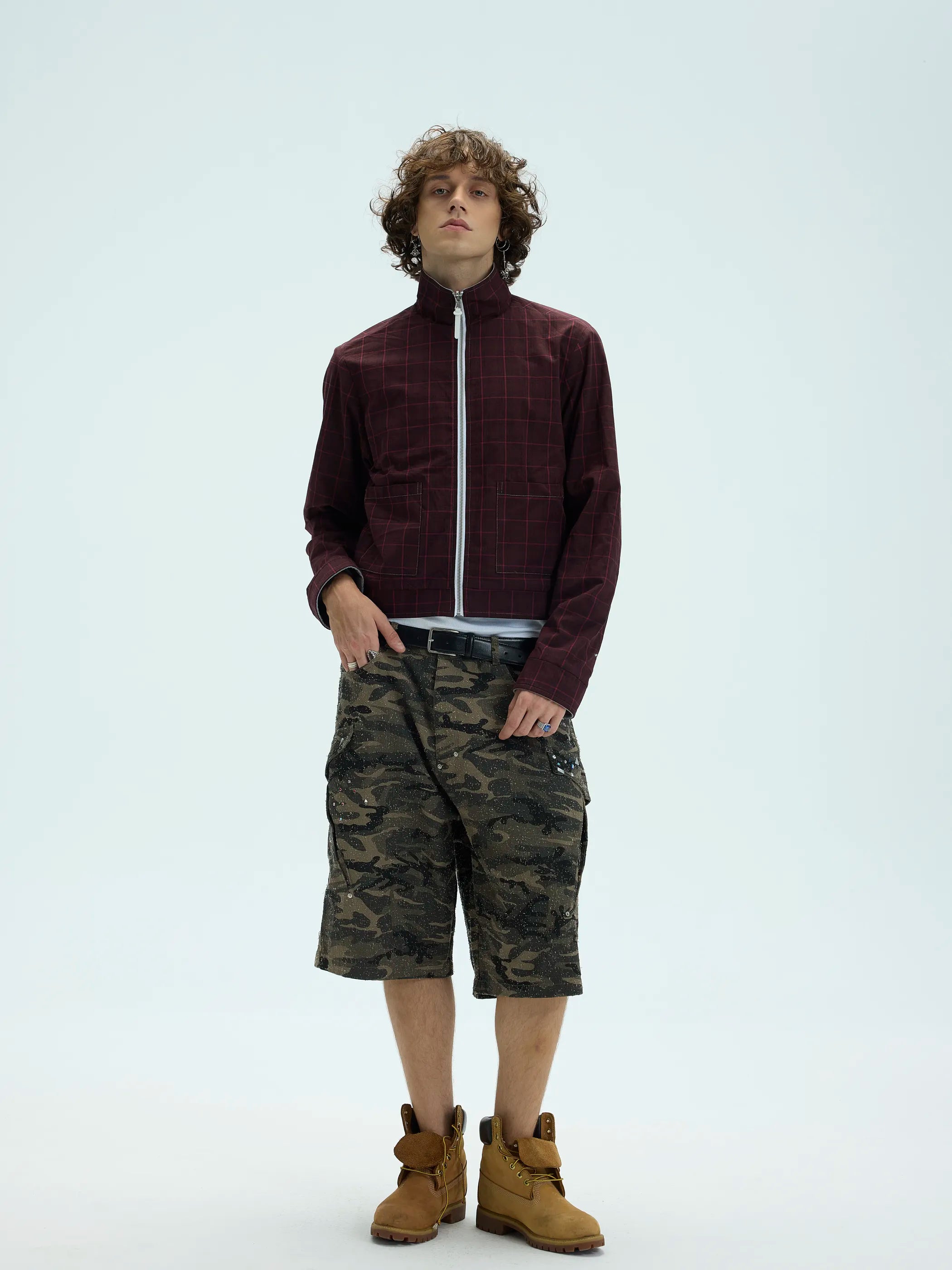 Model shot of Reversible Checked Velvet Embroidered Jacket 9