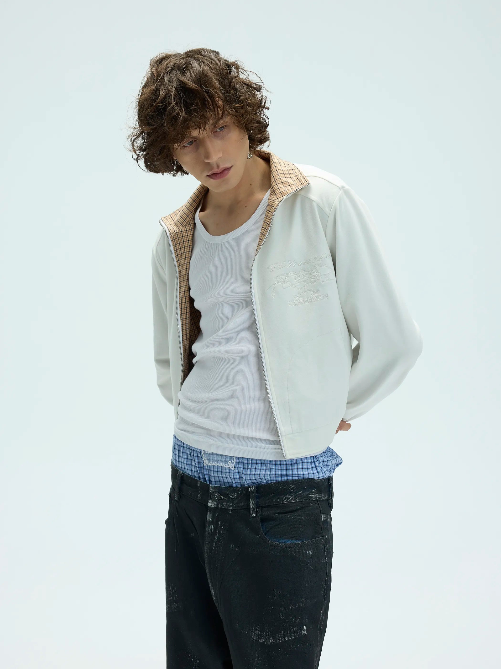 Model shot of Reversible Checked Velvet Embroidered Jacket 3