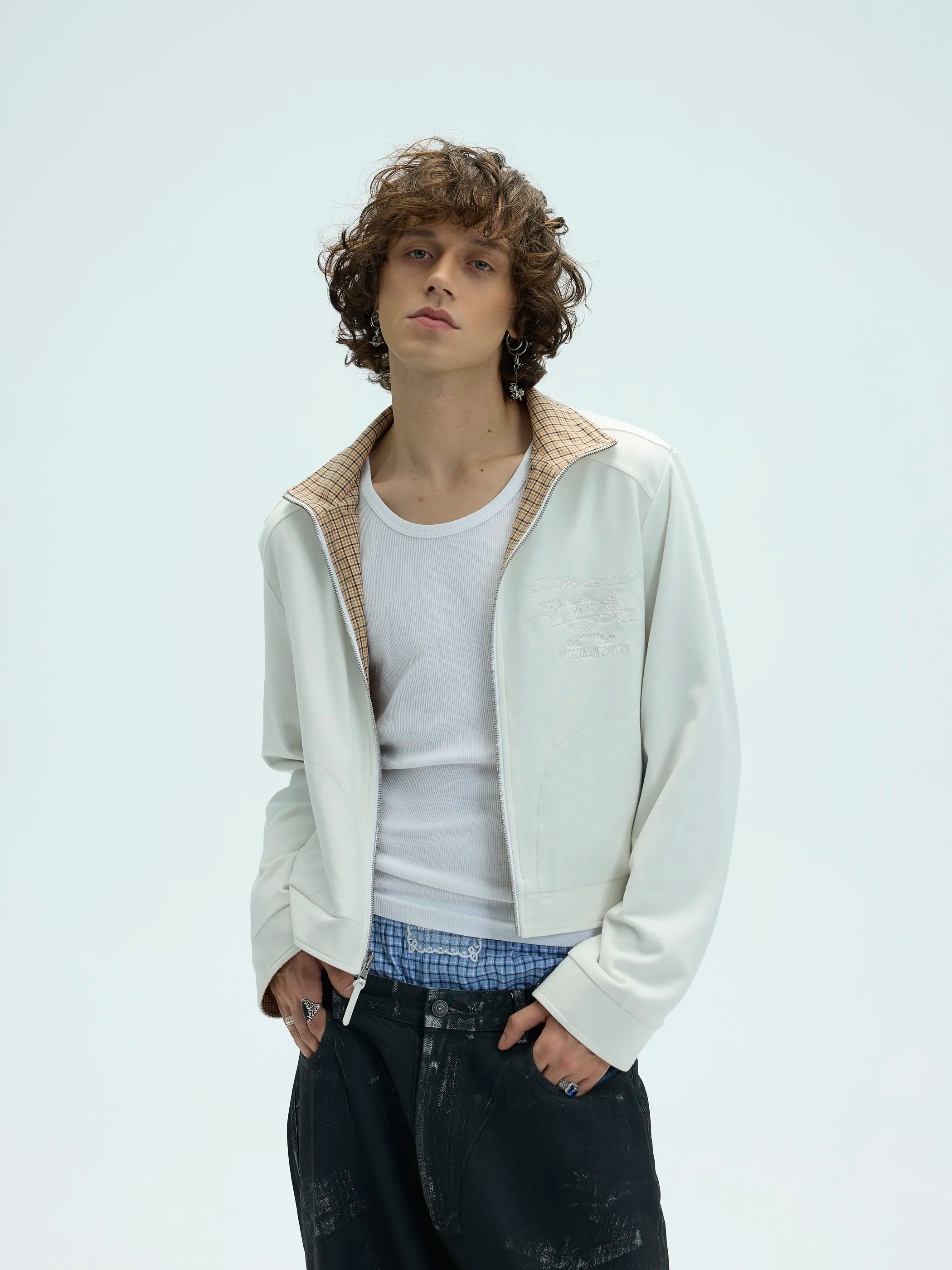 Model shot of Reversible Checked Velvet Embroidered Jacket 4