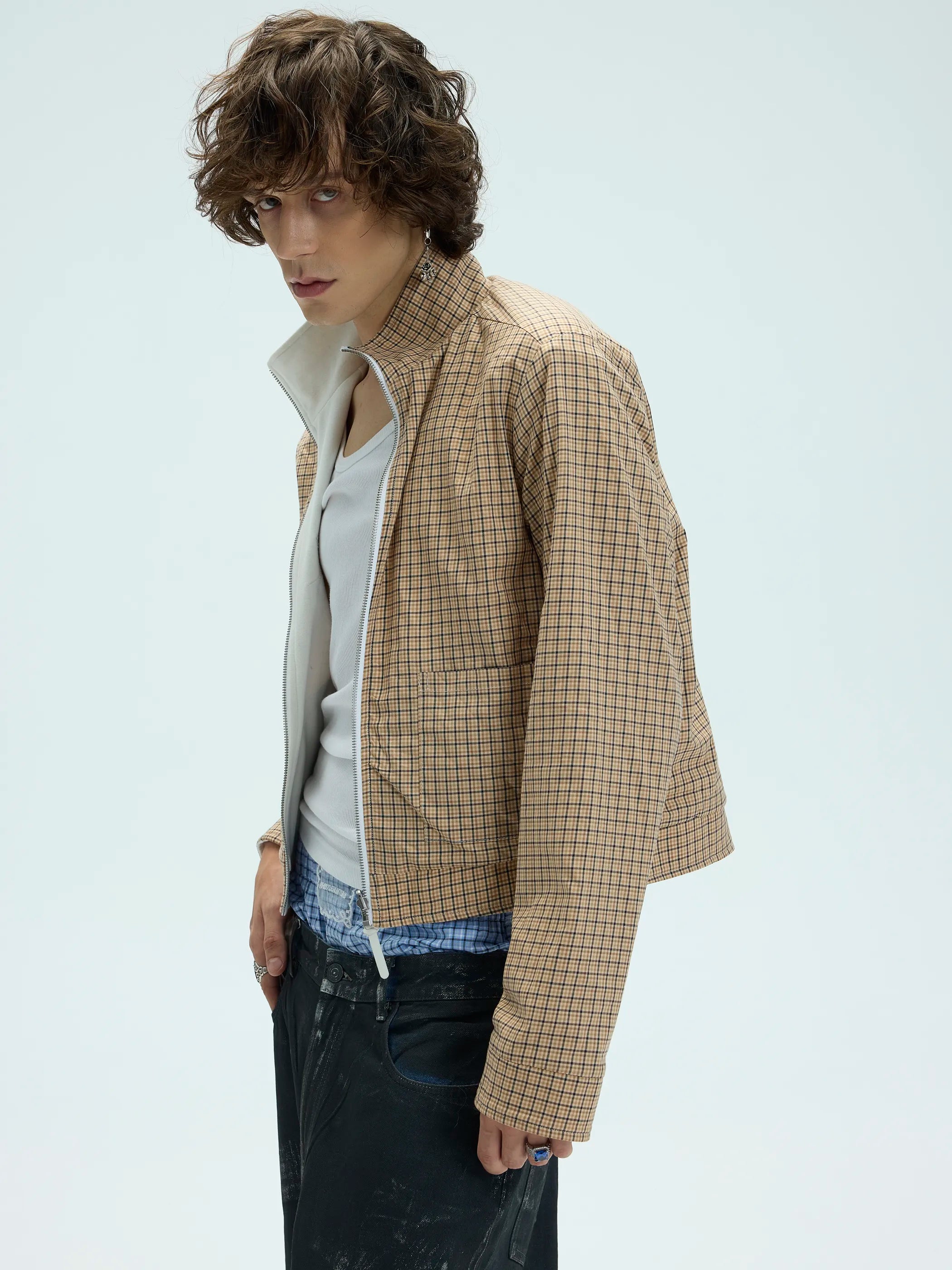 Model shot of Reversible Checked Velvet Embroidered Jacket 8