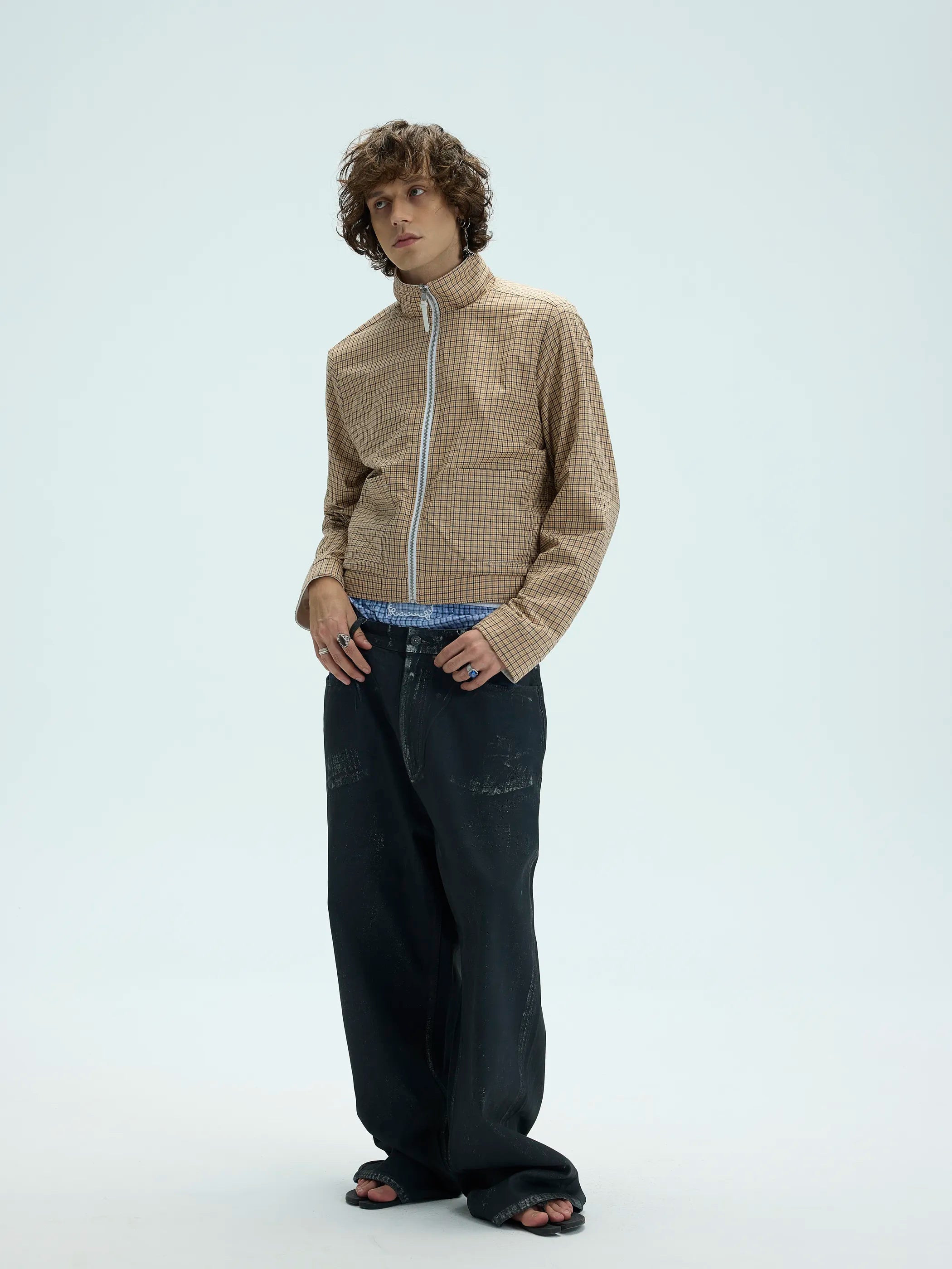 Model shot of Reversible Checked Velvet Embroidered Jacket 9
