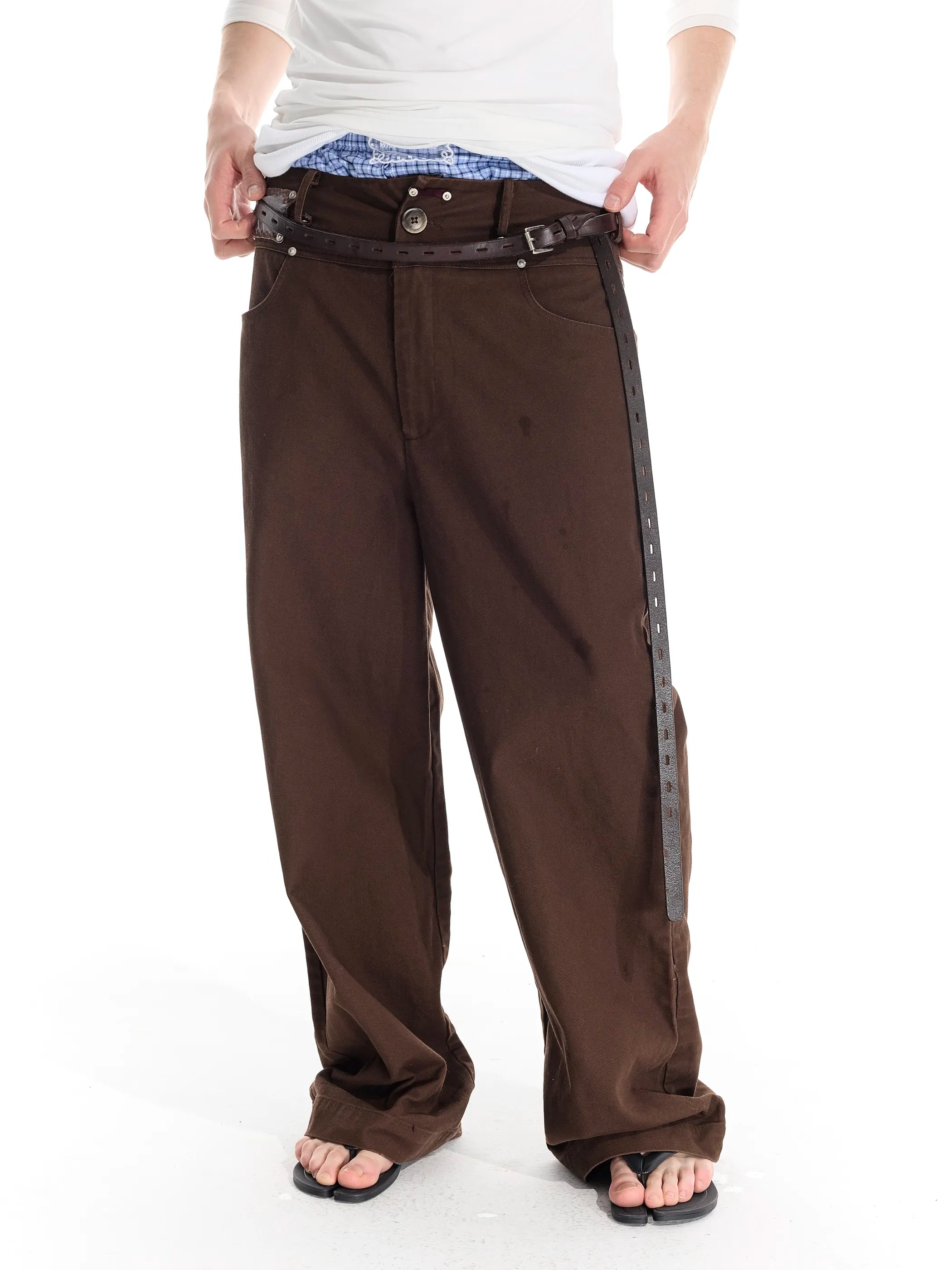 Riveted distressed straight-leg trousers