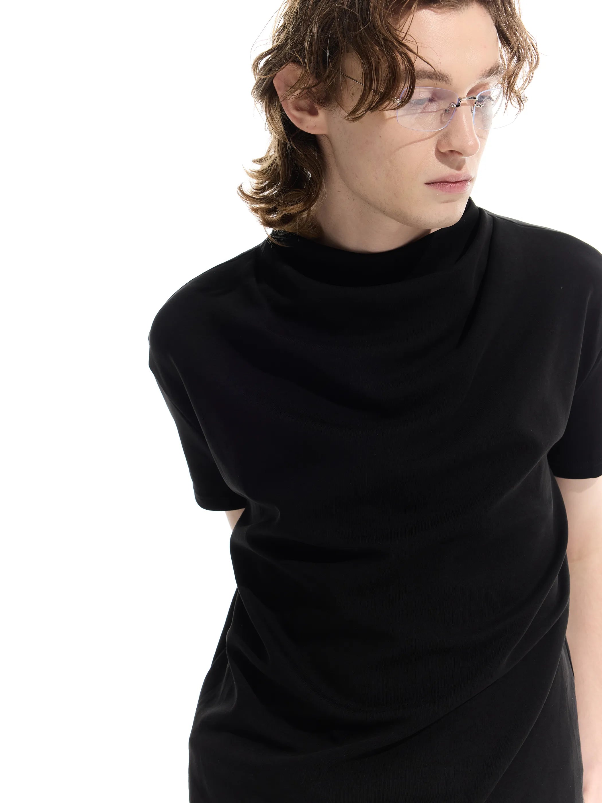 Semi-high neck ruched casual T-shirt