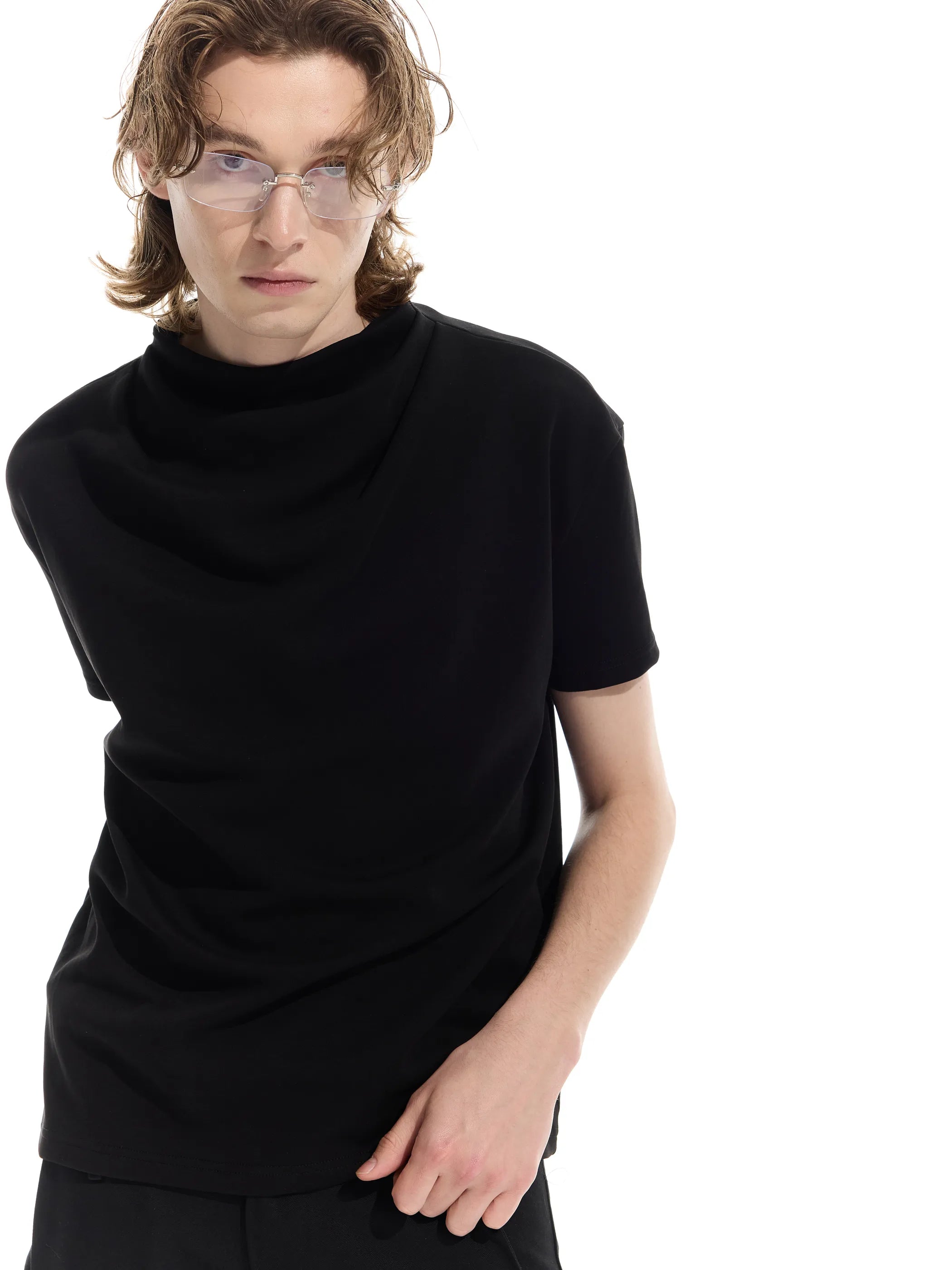 Semi-high neck ruched casual T-shirt