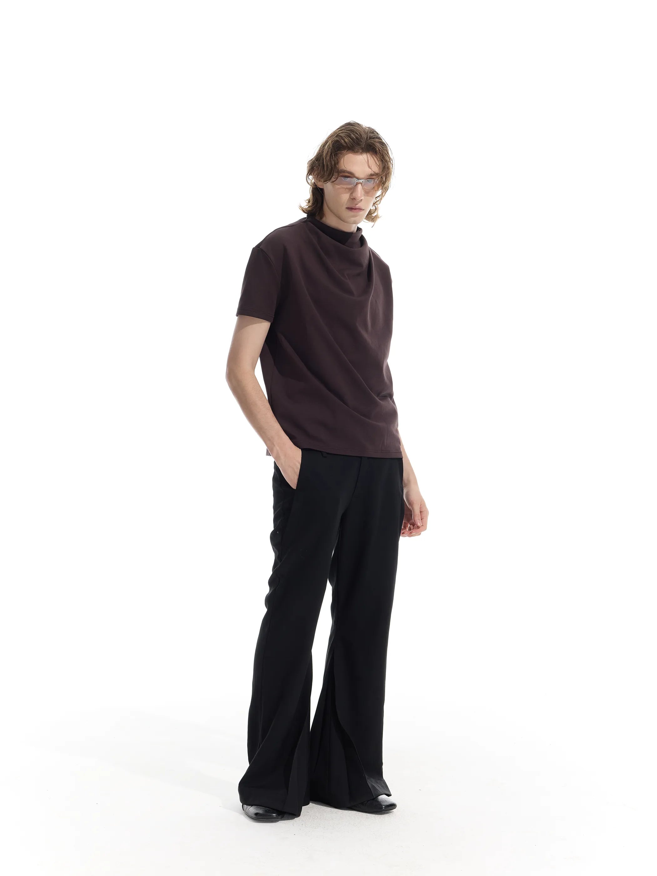 Semi-high neck ruched casual T-shirt
