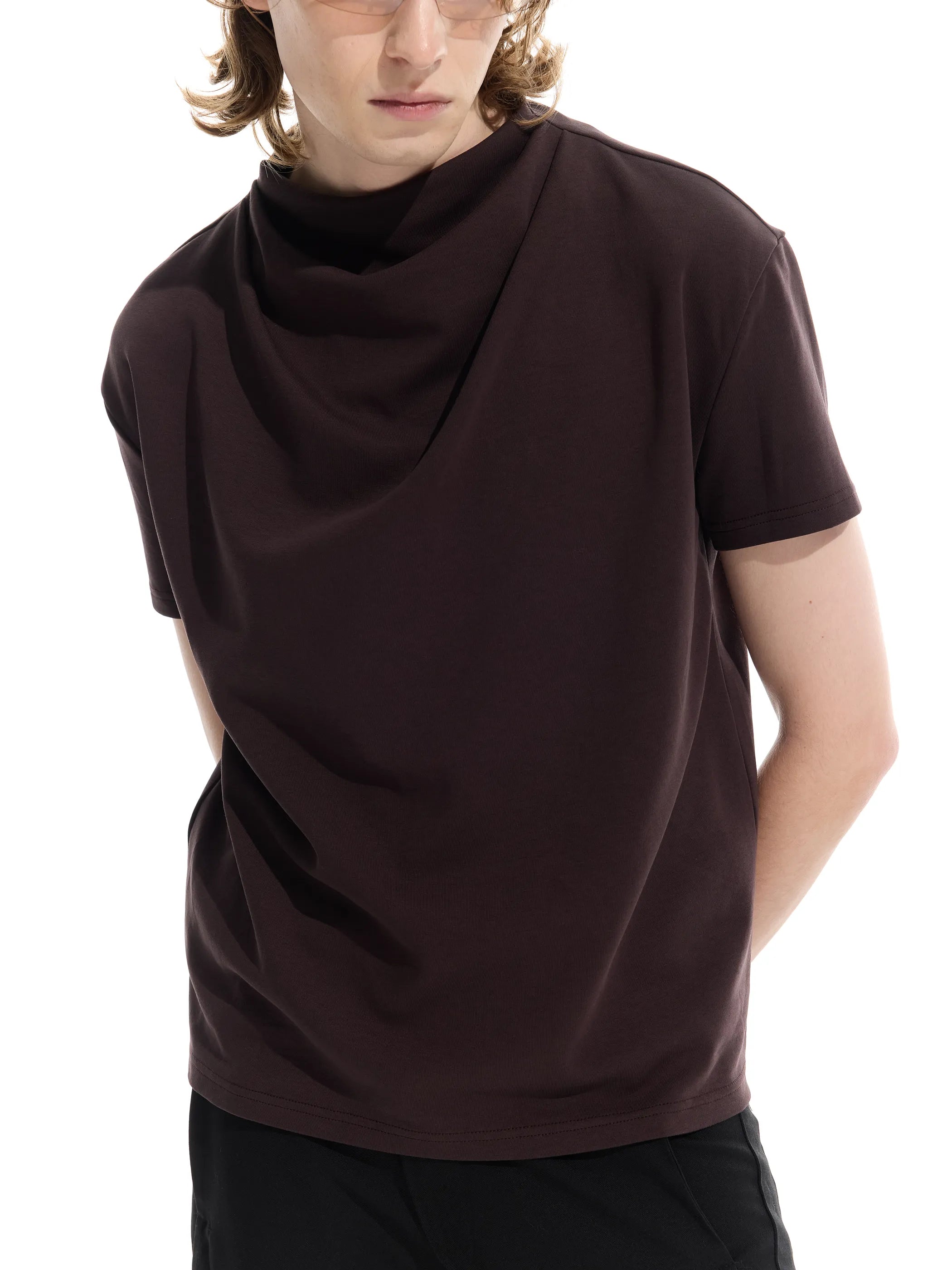 Semi-high neck ruched casual T-shirt